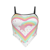 Women's Rainbow Heart Print Pastel Cami Tube Top – Sexy Wrap-Up Crop Tank with Spaghetti Straps & Black Edging