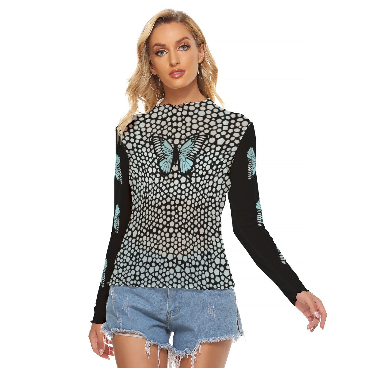 Blue Butterfly Mesh Crop Top - Long Sleeve Sheer Shirt for Women