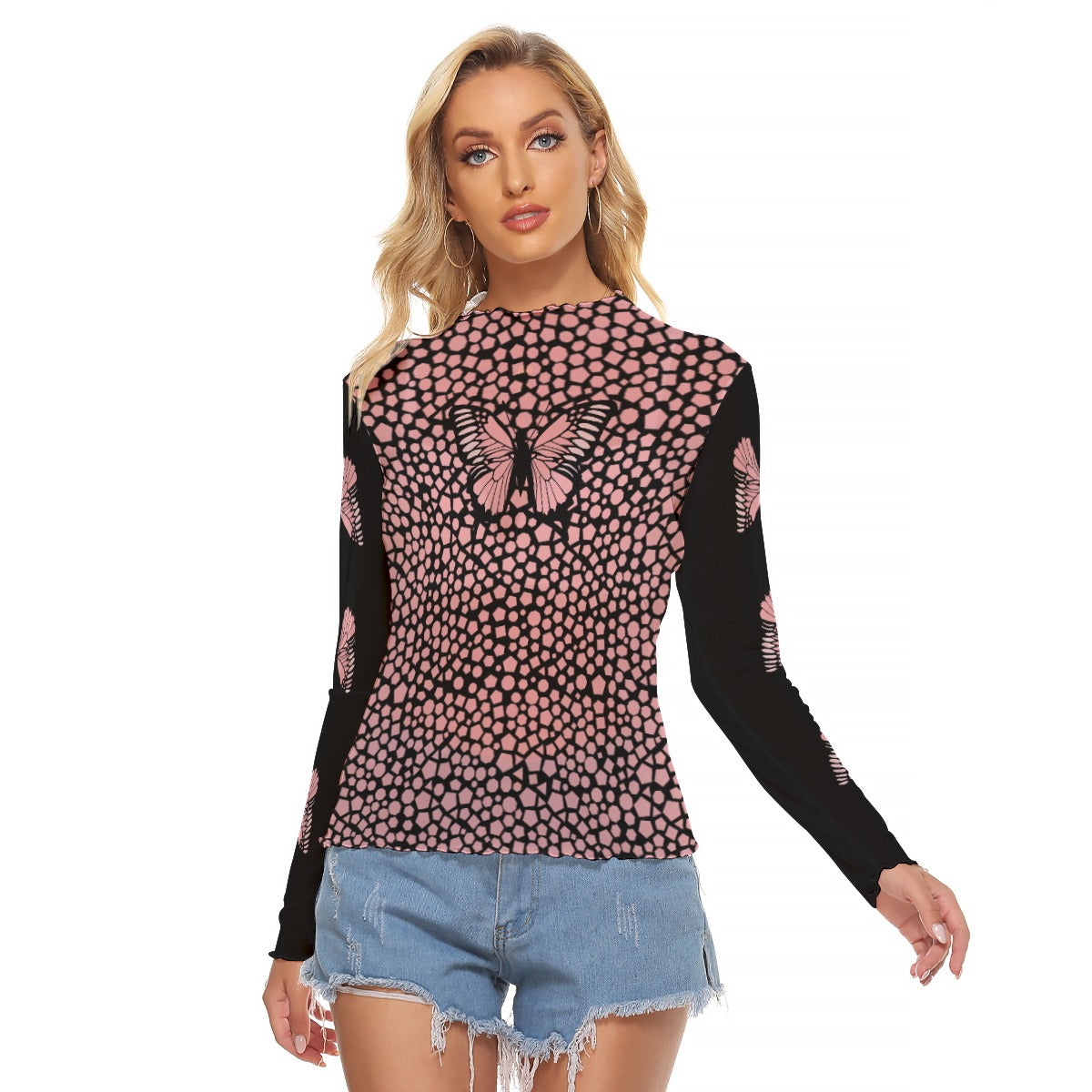Kawaii Heaven Women's Pink Butterfly Mesh Crop Top - Sexy Aesthetic Long Sleeve Shirt