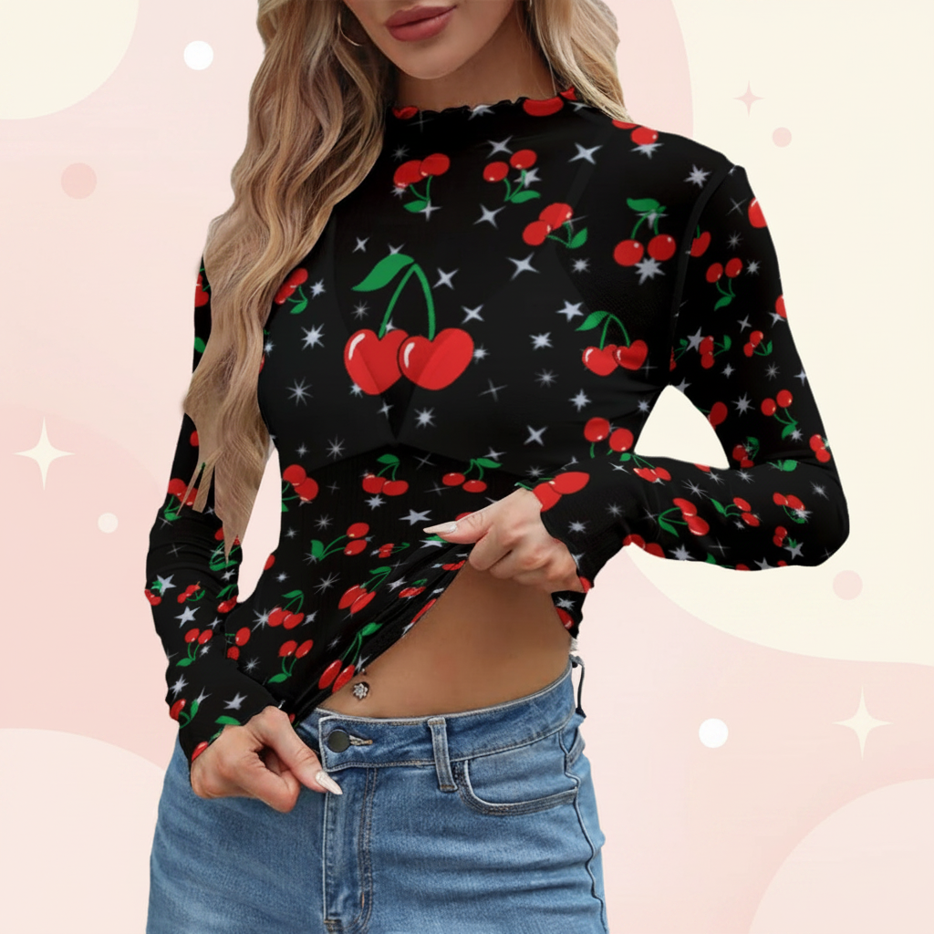 Cherry Print Mesh Top – Black Long Sleeve Slim Fit Shirt