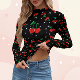Cherry Print Mesh Top – Black Long Sleeve Slim Fit Shirt