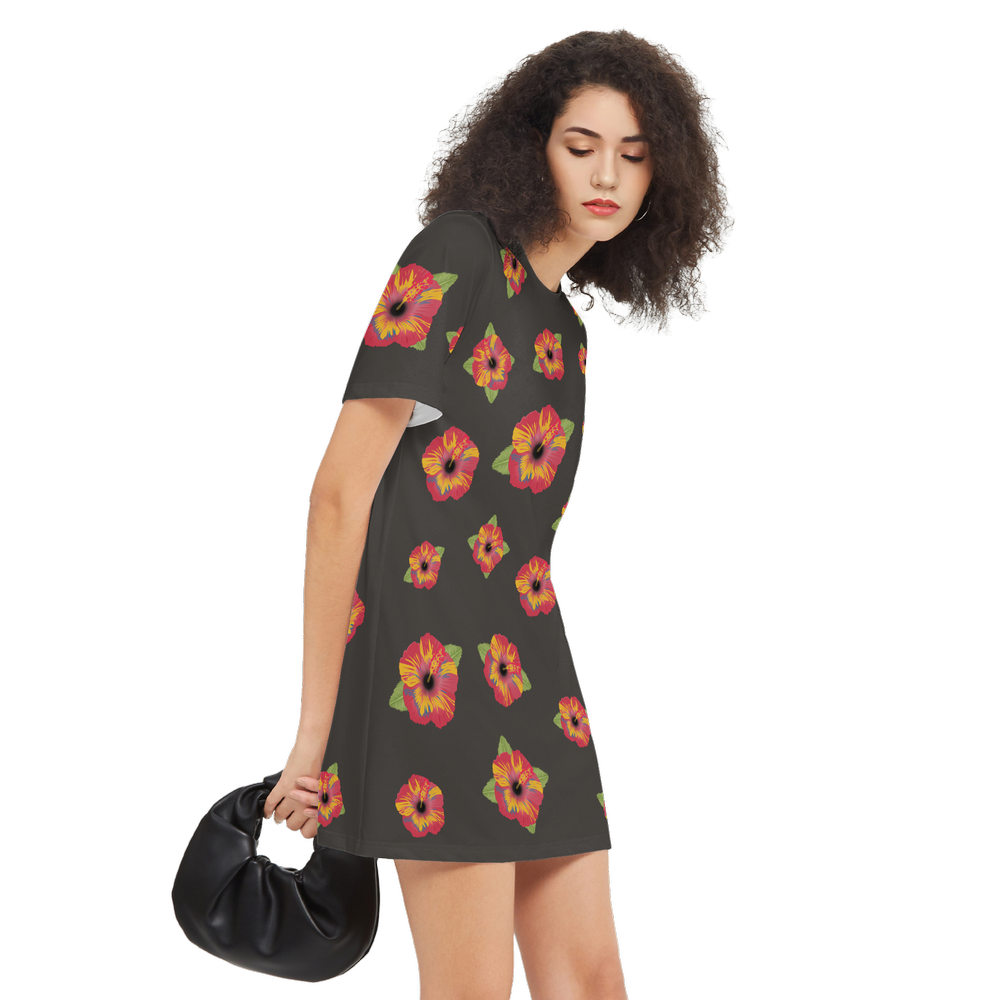 Poppy Flower Pattern Women's Short-Sleeve T-Shirt Dress-Heavyweight 225g
