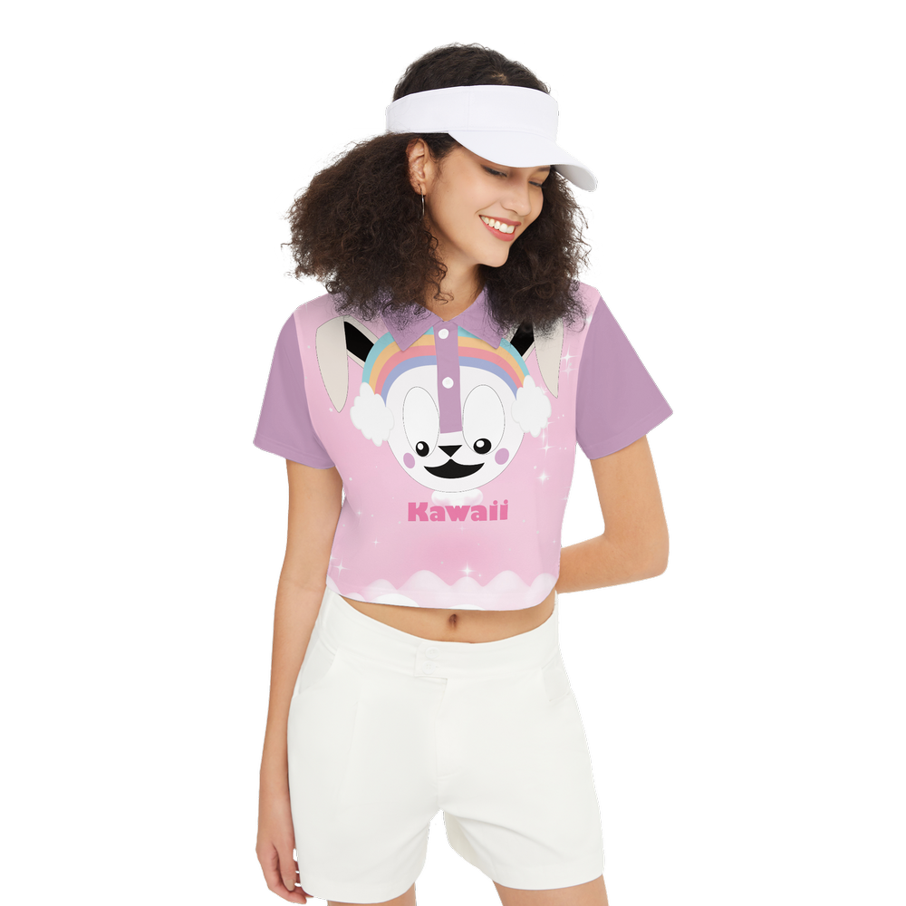 Kawaii Rabbit Rainbow Short-Sleeve Crop Polo Shirt-Heavyweight 225g