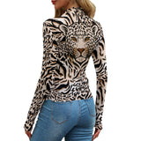 Leopard Face Mesh Top – Animal Print Long Sleeve Slim Fit Shirt