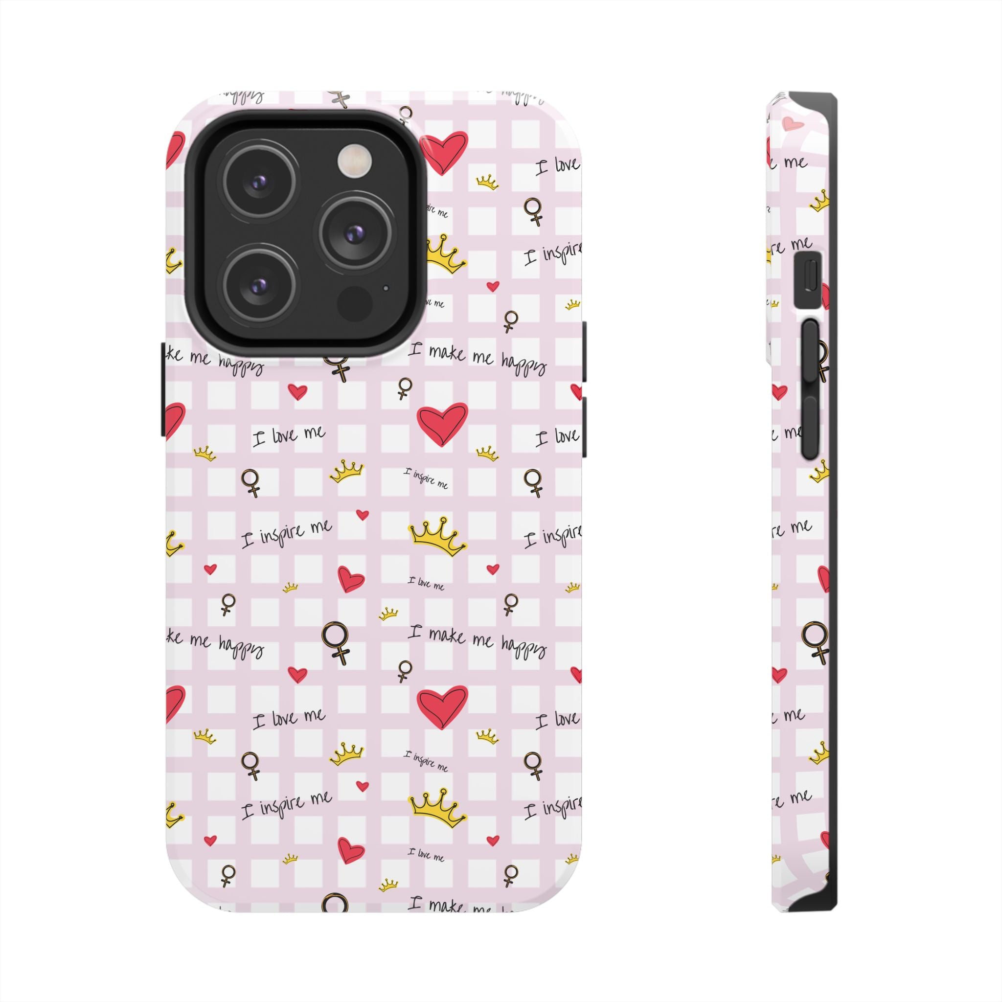 Cozy Hearts & Crowns Phone Case, Heart Design Protective Phone Cover, Crown Pattern Tough Case, Girly Phone Accessories, Valentine's Day