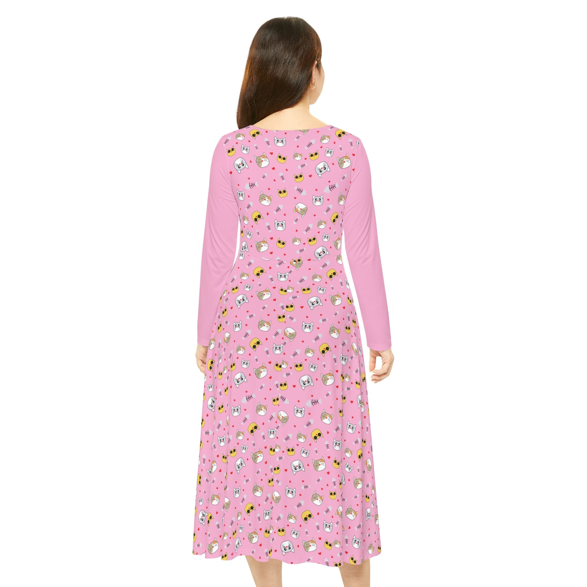 Cool Cats Pattern Pink Women's Long Sleeve Dress