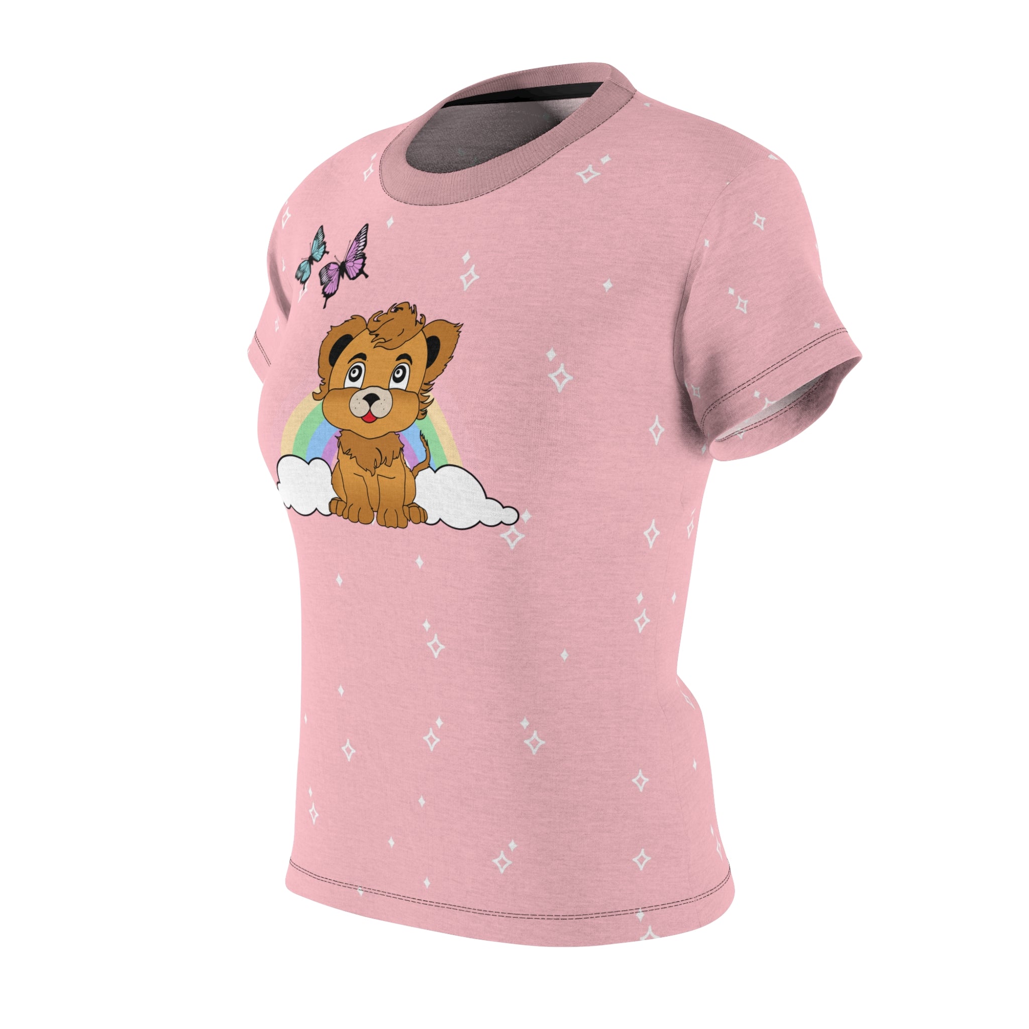 Cute Lion with Butterflies and Rainbow Pink Tee, Women's Graphic Tshirt, Animal Lover Gift, Colorful Nature Shirt, Wildlife Clothing, Summer