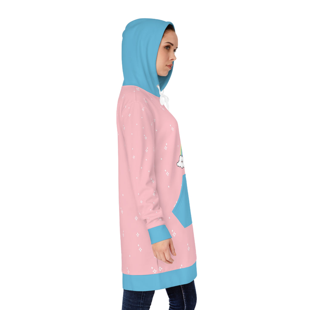Kawaii Cow Hoodie Dress, Cute Cartoon Rainbow Sweatshirt, Women's Animal Print Dress, Fun Graphic Pullover, Unique Cattle Clothing, Colorful