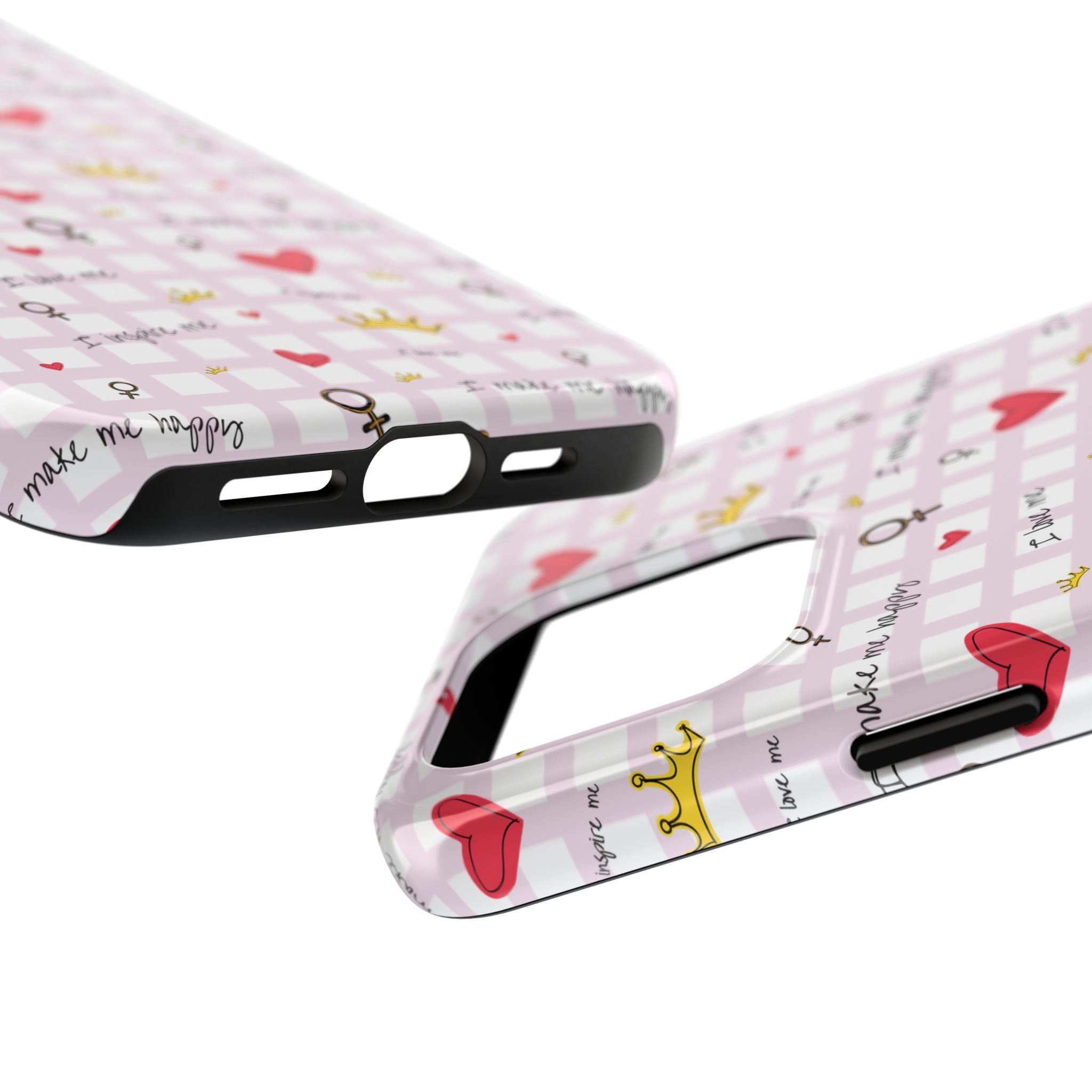 Cozy Hearts & Crowns Phone Case, Heart Design Protective Phone Cover, Crown Pattern Tough Case, Girly Phone Accessories, Valentine's Day