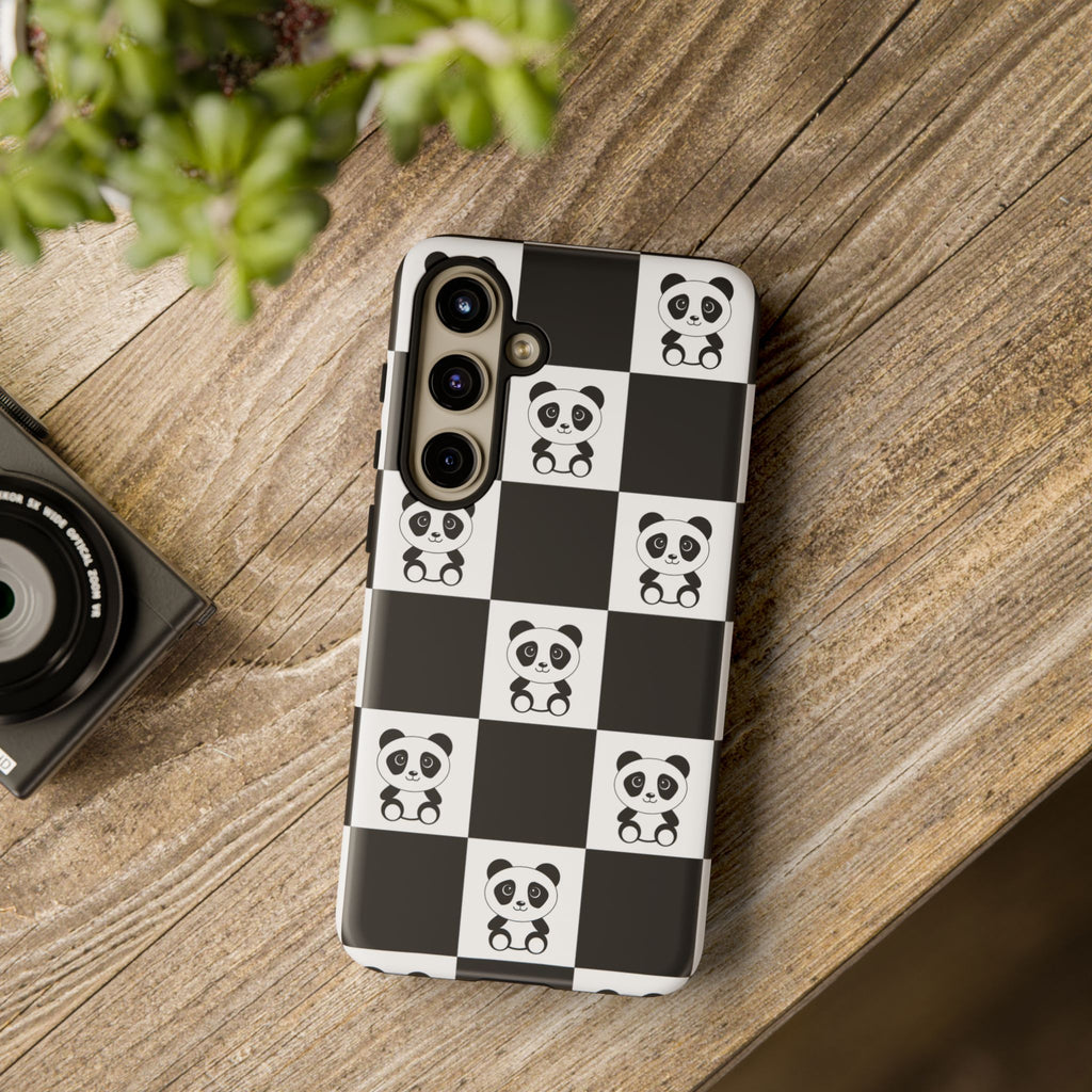 Panda Chessboard Tough Cases, Cute Panda Phone Covers, Chess Pattern iPhone Case, Board Games Phone Accessories, Animal Lover Tech