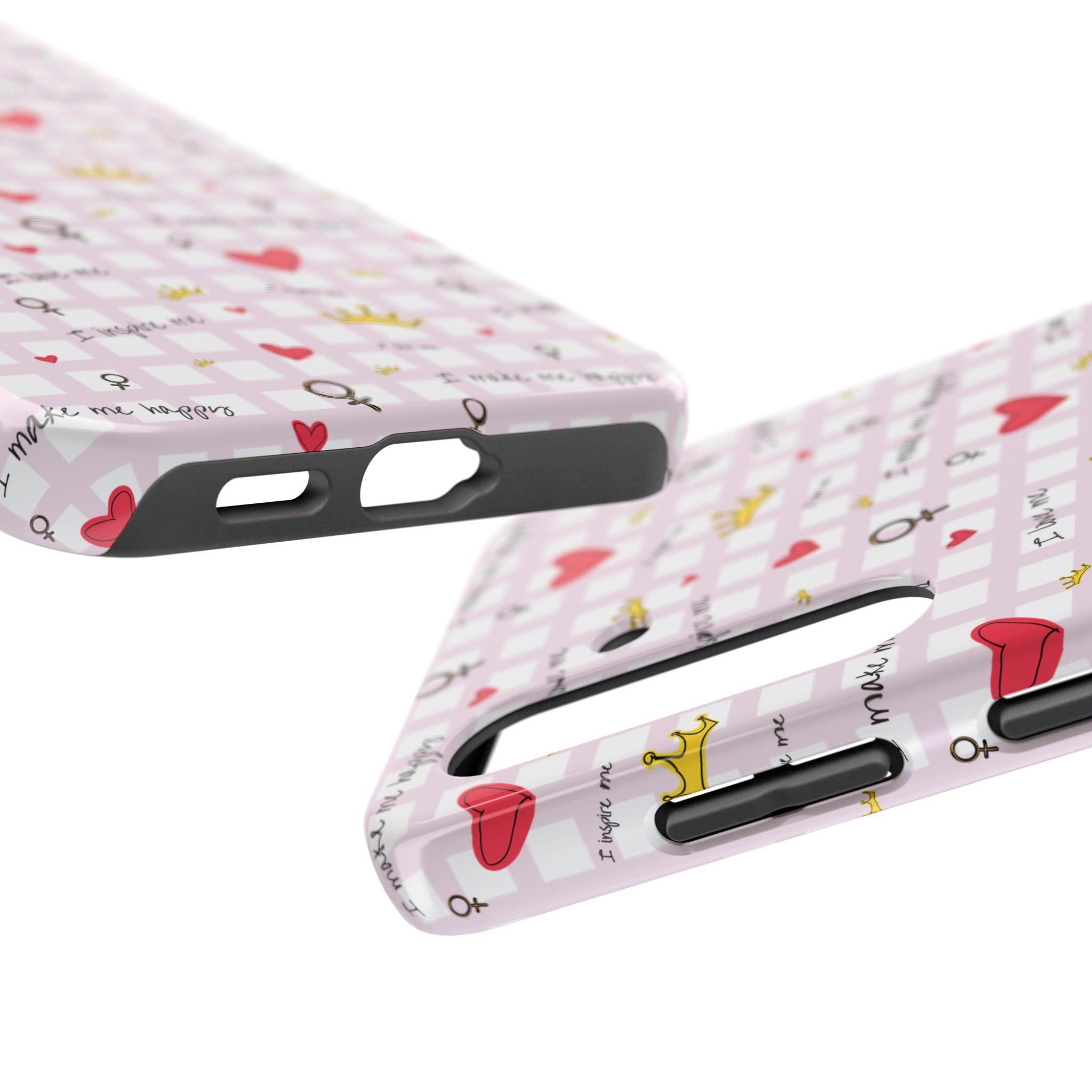 Cozy Hearts & Crowns Phone Case, Heart Design Protective Phone Cover, Crown Pattern Tough Case, Girly Phone Accessories, Valentine's Day
