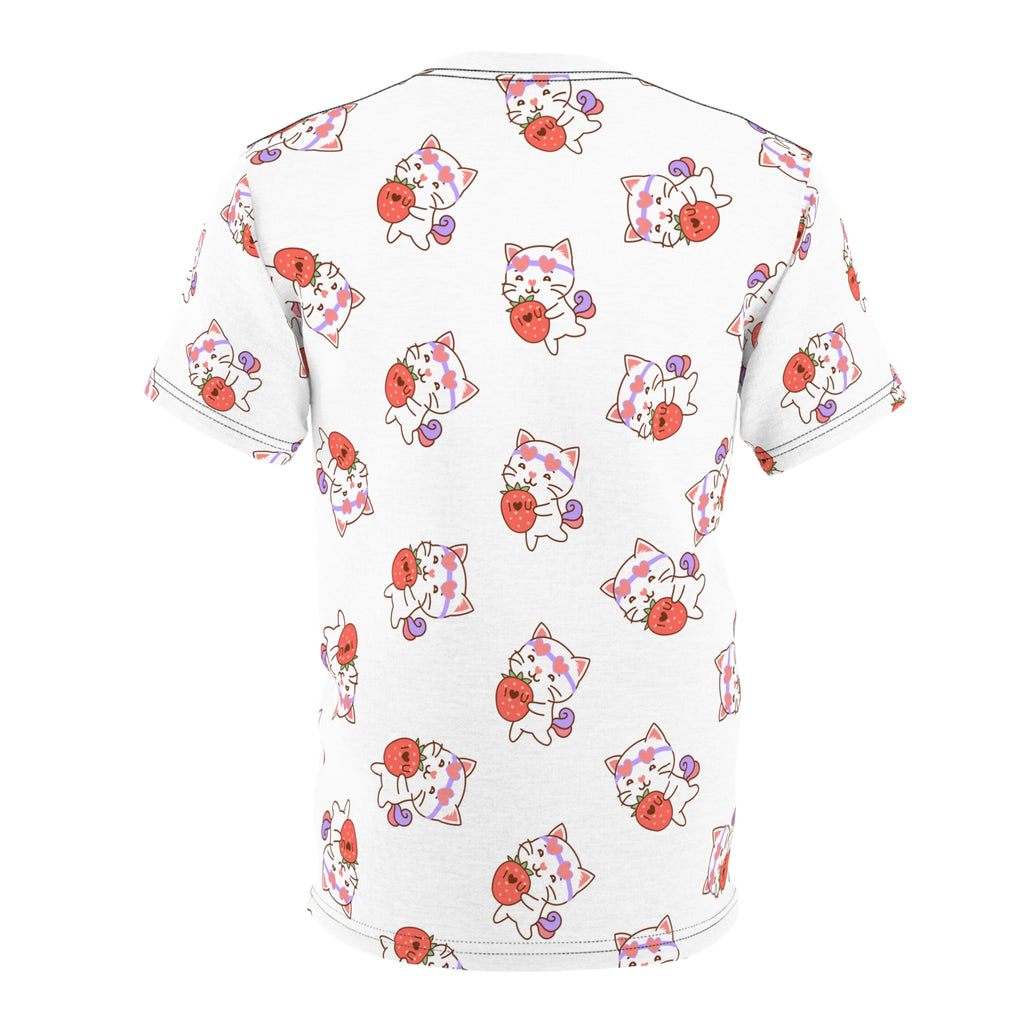 Cute Cat with Strawberry I Love you T-Shirt, Funny Cat Lover Tee, Graphic Cat Shirt, Kawaii Kitty Top, Cat and Fruit Design
