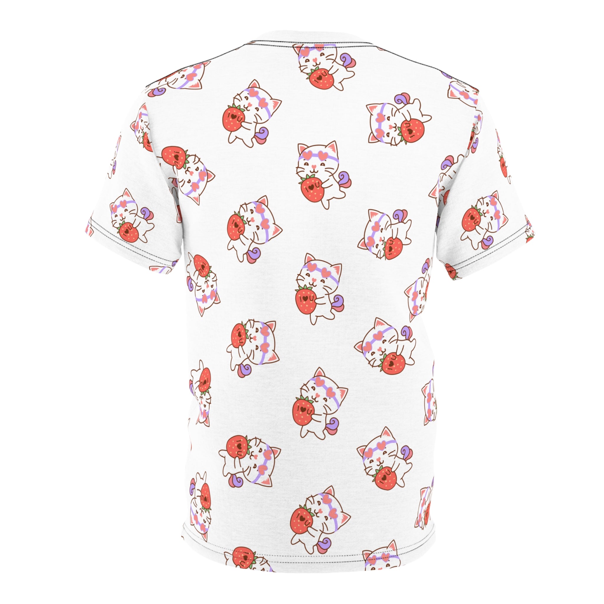 Cute Cat with Strawberry I Love you T-Shirt, Funny Cat Lover Tee, Graphic Cat Shirt, Kawaii Kitty Top, Cat and Fruit Design