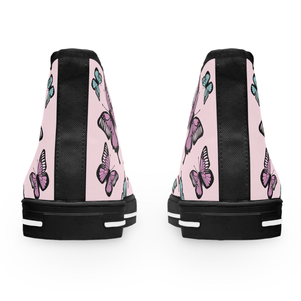 Light Pink Butterfly Pattern High Top Sneakers - Women's Fashion Shoes, Cute Pink Sneaker Boots, Butterfly Print Sneaker Shoes