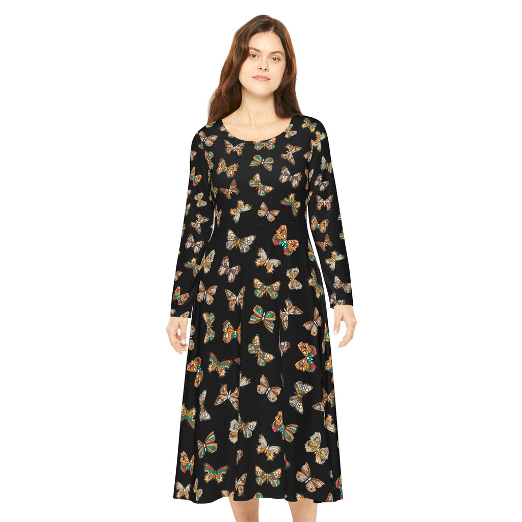 Butterflies Pattern Dance Dress, Black Women's Long Sleeve Ballroom Dancing Gown, Evening Dance Costume, Elegant Butterfly Print Dress