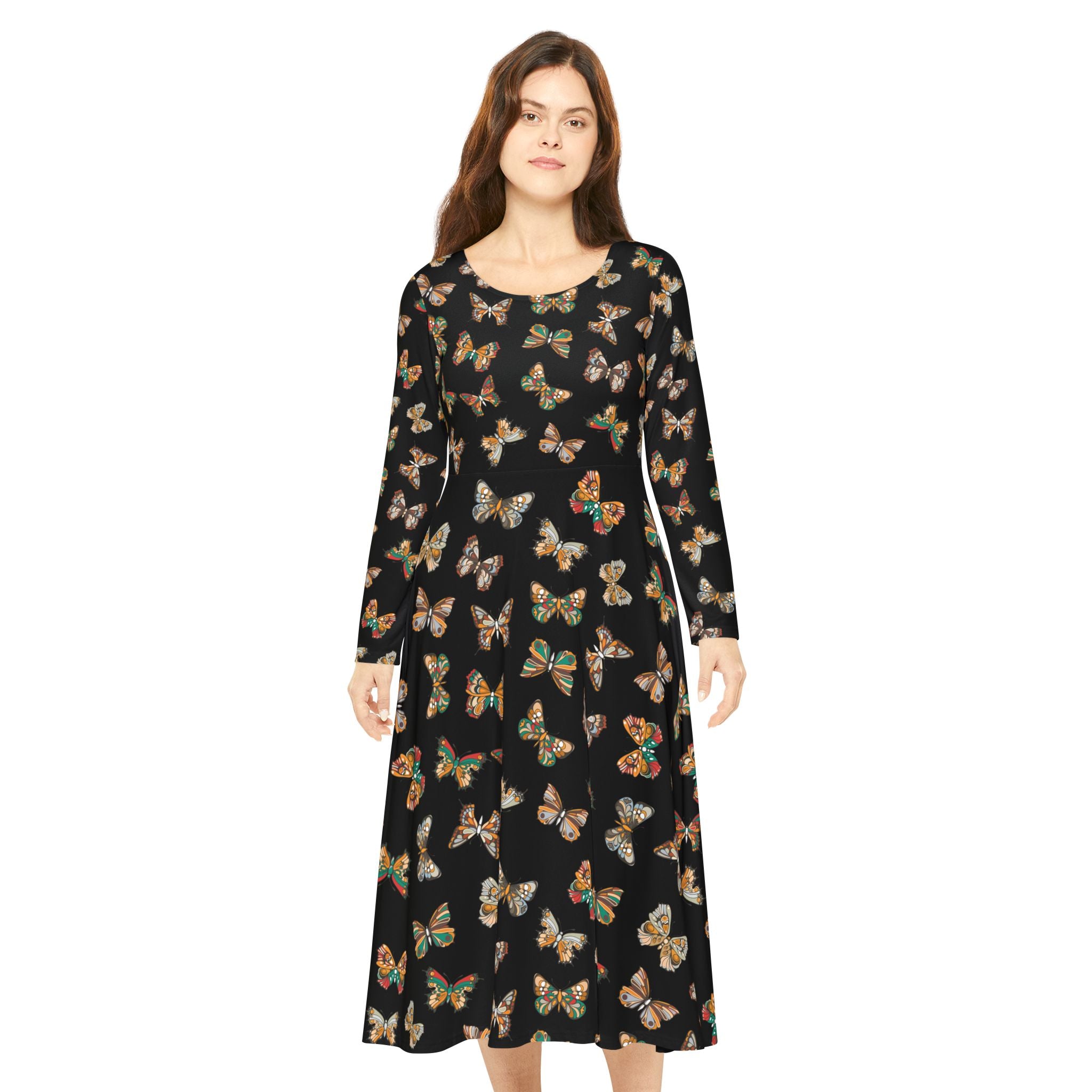 Butterflies Pattern Dance Dress, Black Women's Long Sleeve Ballroom Dancing Gown, Evening Dance Costume, Elegant Butterfly Print Dress