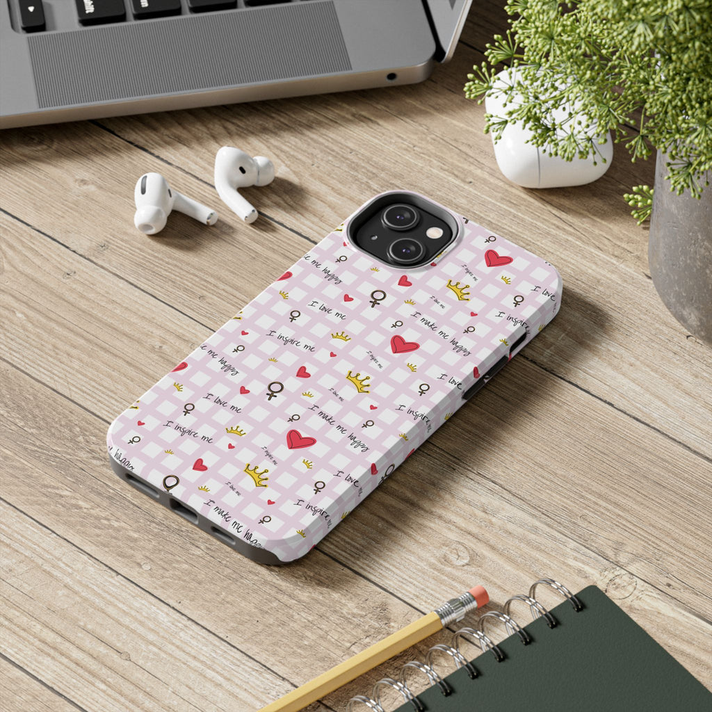 Cozy Hearts & Crowns Phone Case, Heart Design Protective Phone Cover, Crown Pattern Tough Case, Girly Phone Accessories, Valentine's Day