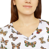 Butterflies Pattern Women's Long Sleeve V-neck Shirt - Floral Butterfly Tee, Spring Fashion Top, Nature Lover Gift, Cute Insect Print