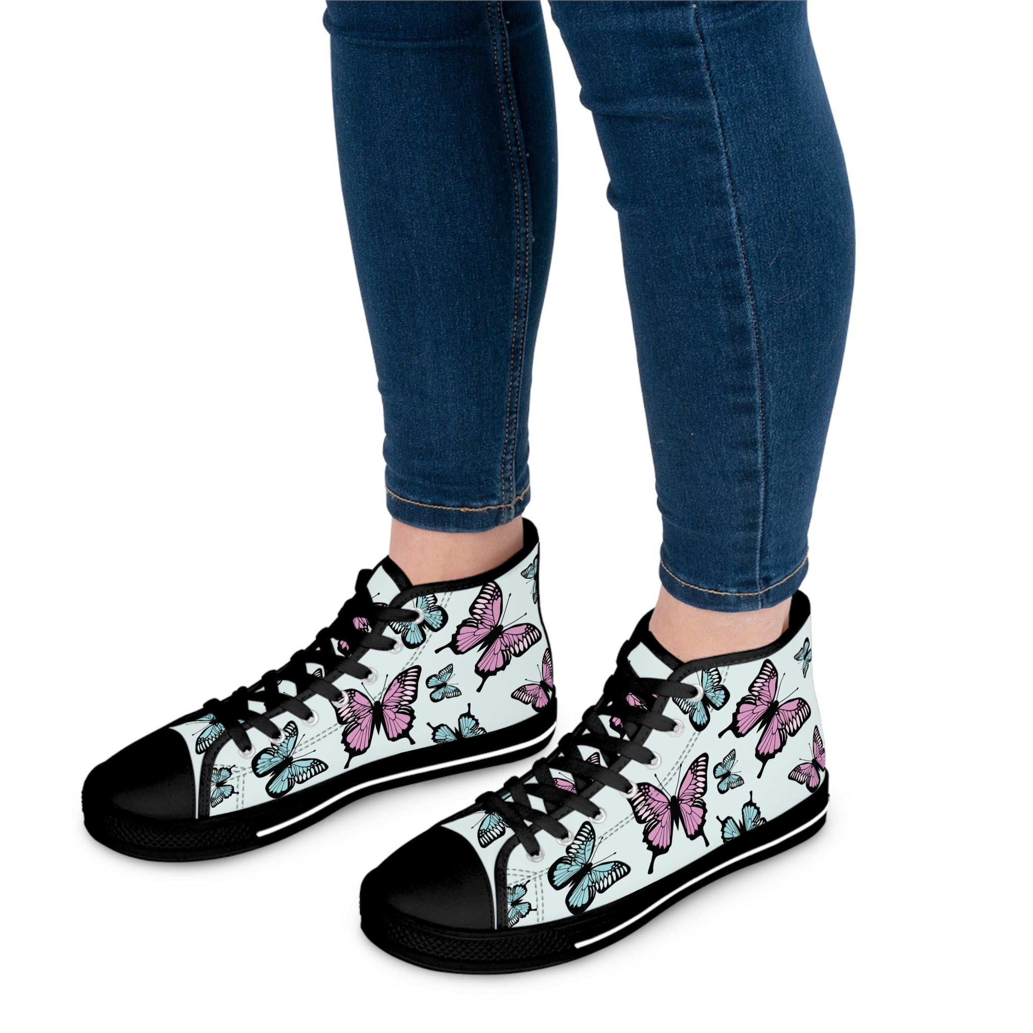 Butterfly High Top Sneakers, Light Blue Women's Shoes, Unique Sneaker Gift, Trendy Tennis Shoes, Custom Sneaker Design, Stylish Fashion