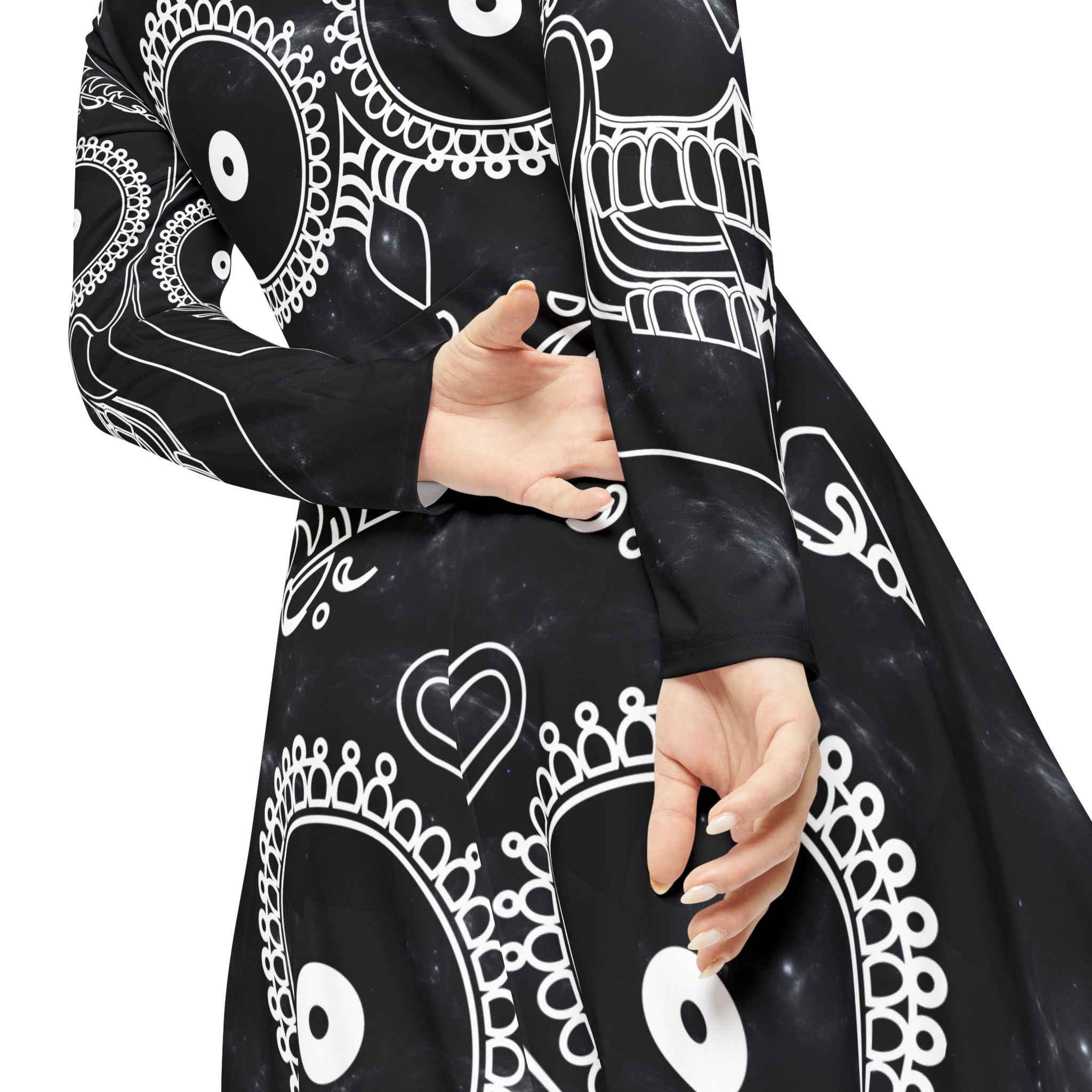 Skulls Dance Dress, Gothic Bones Costume, Halloween Long Sleeve Dress, Spooky Skulls Party Attire, Women's Dancing Outfit
