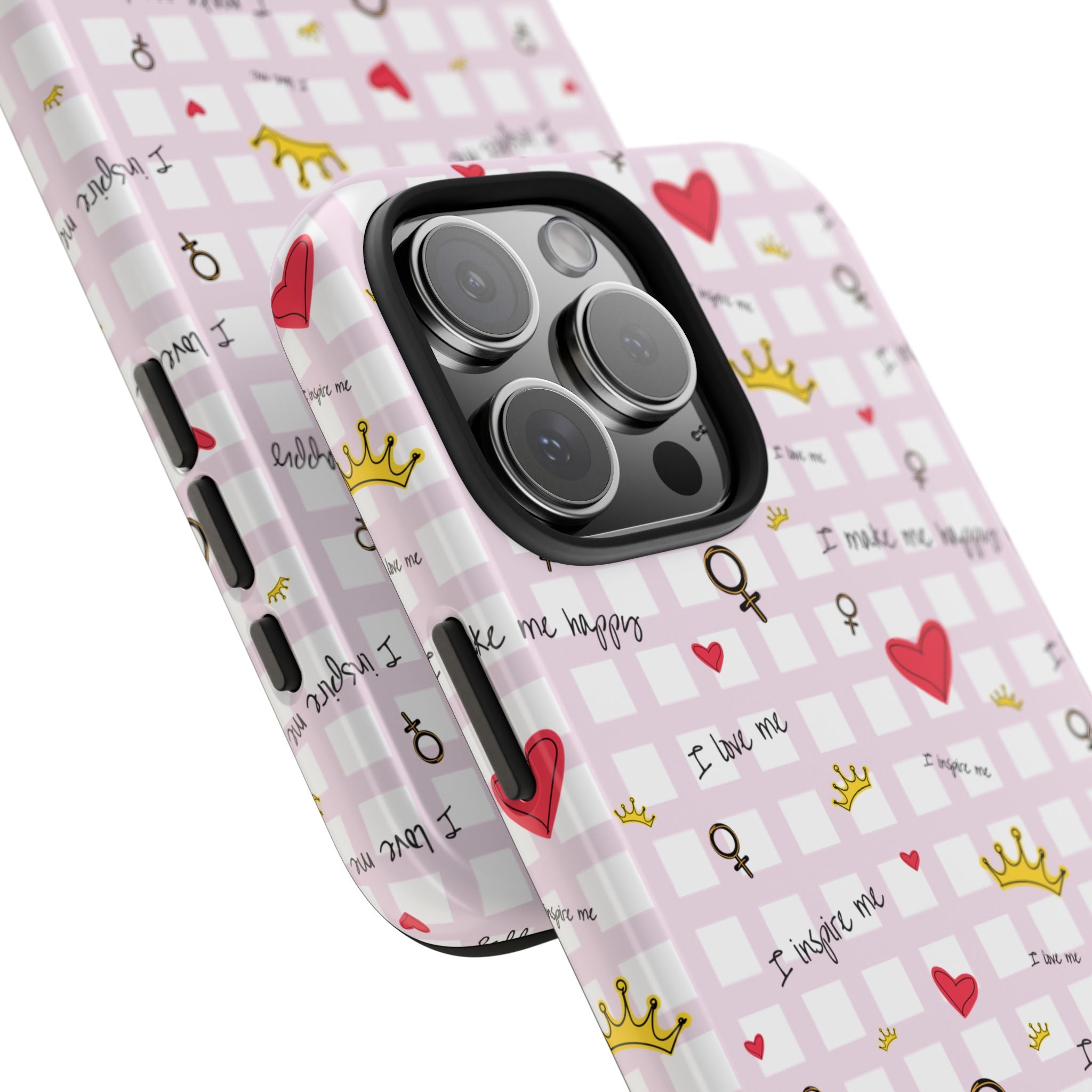 Cozy Hearts & Crowns Phone Case, Heart Design Protective Phone Cover, Crown Pattern Tough Case, Girly Phone Accessories, Valentine's Day