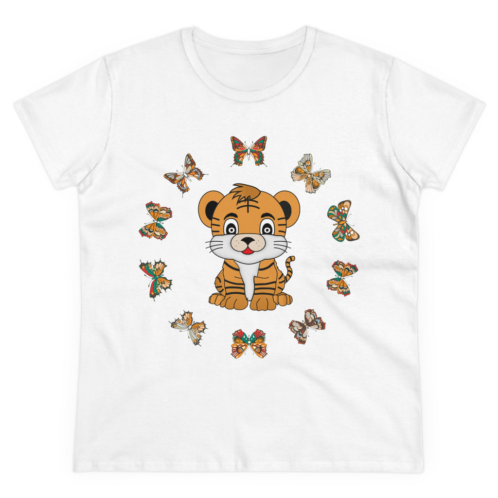 Kawaii Tiger in Butterflies Circle Tee, Women's Clothing, Cute Animal Graphic Shirt, Short Sleeve Top, Casual Wear