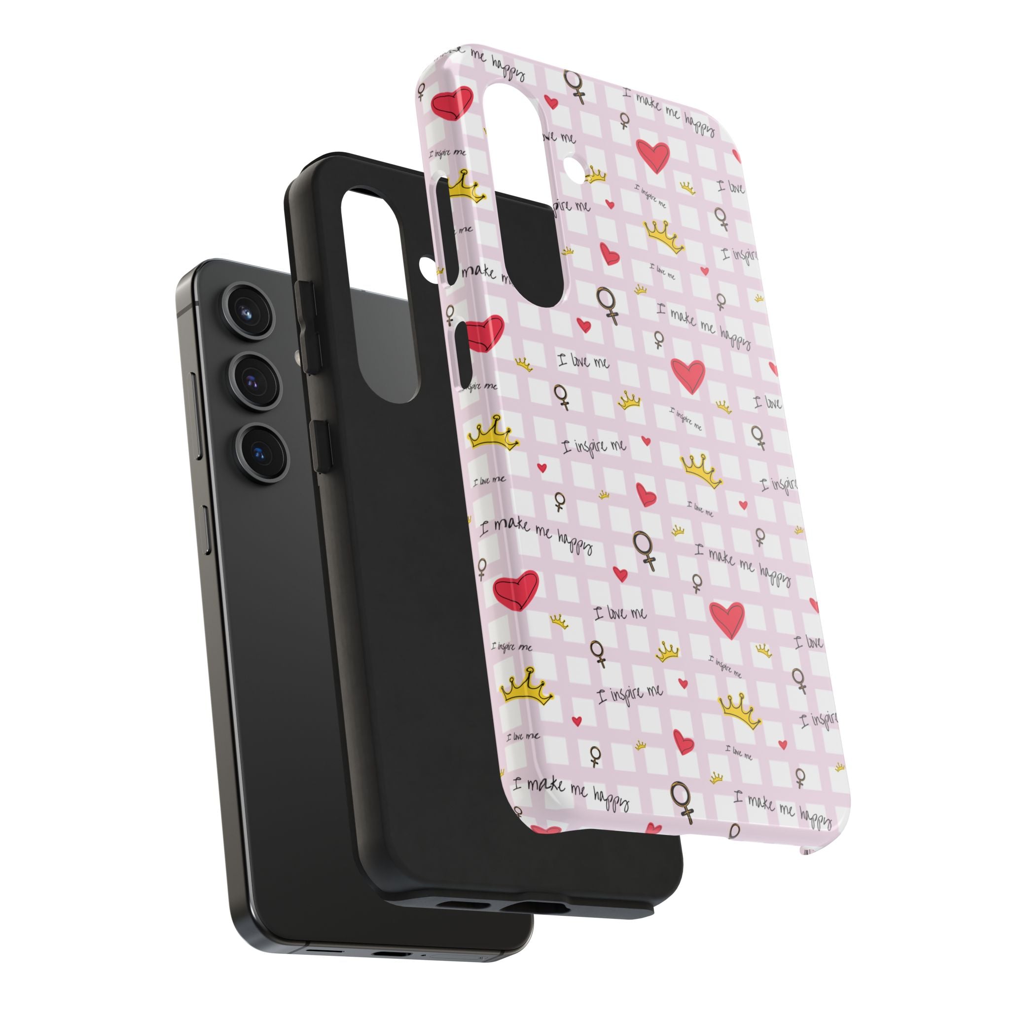 Cozy Hearts & Crowns Phone Case, Heart Design Protective Phone Cover, Crown Pattern Tough Case, Girly Phone Accessories, Valentine's Day