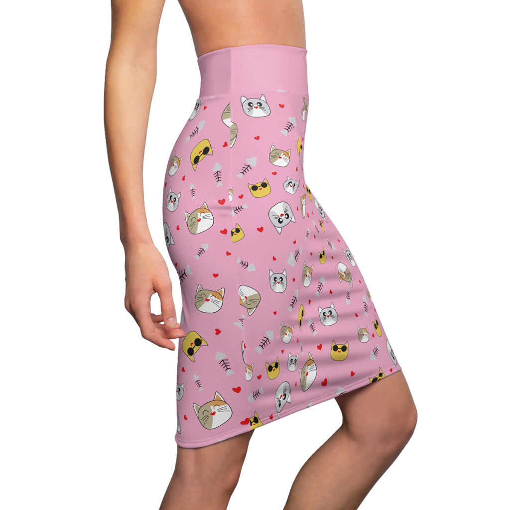 Cool Cats Pattern Pink Pencil Skirt, Women's Fashion, Cat Lover Gift, Office Attire, Trendy Skirt, Animal Print Skirt