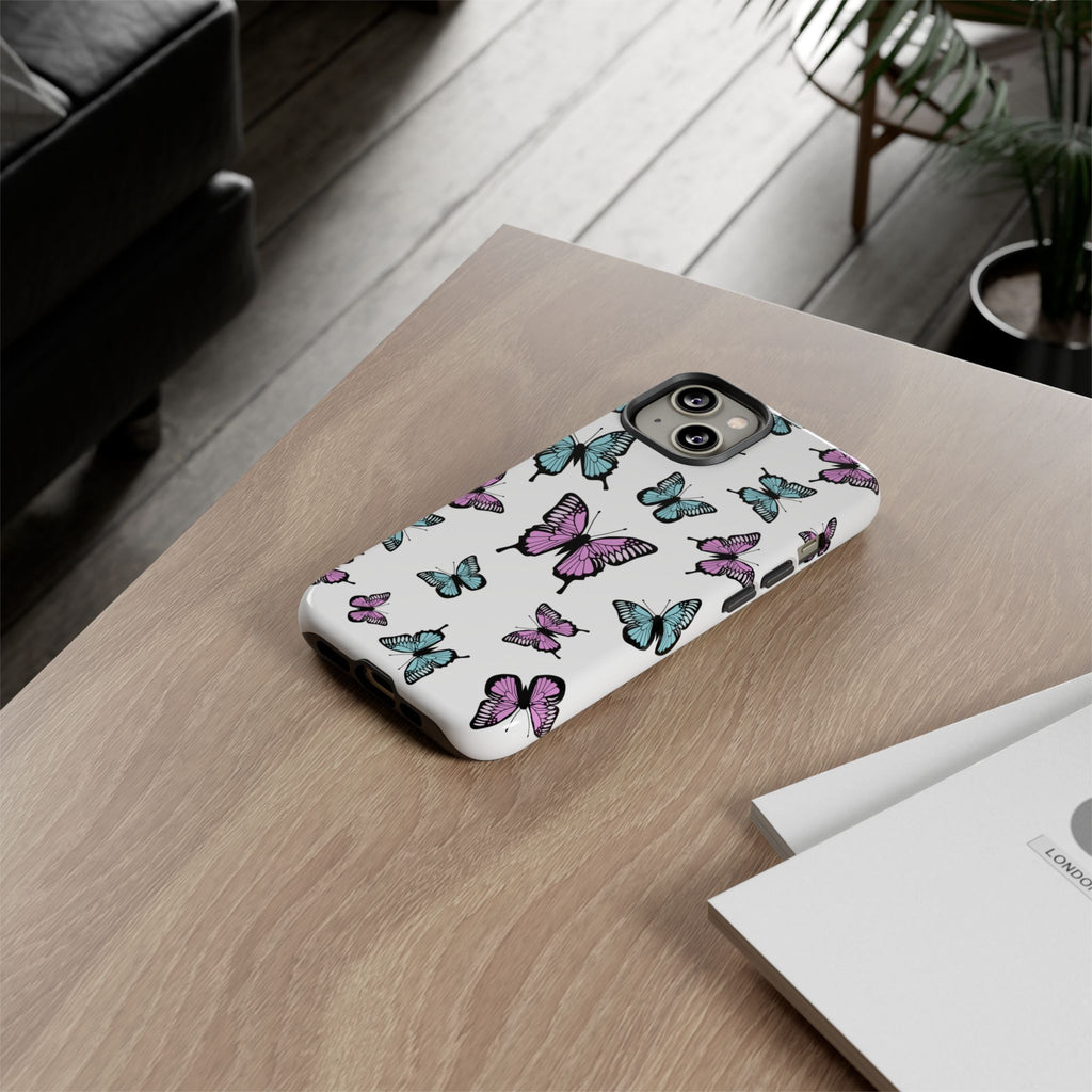 Butterfly Pattern White Background Phone Cases, Protective Cover, Strong Cases, Impact Resistant, Floral Design, Unique Gifts