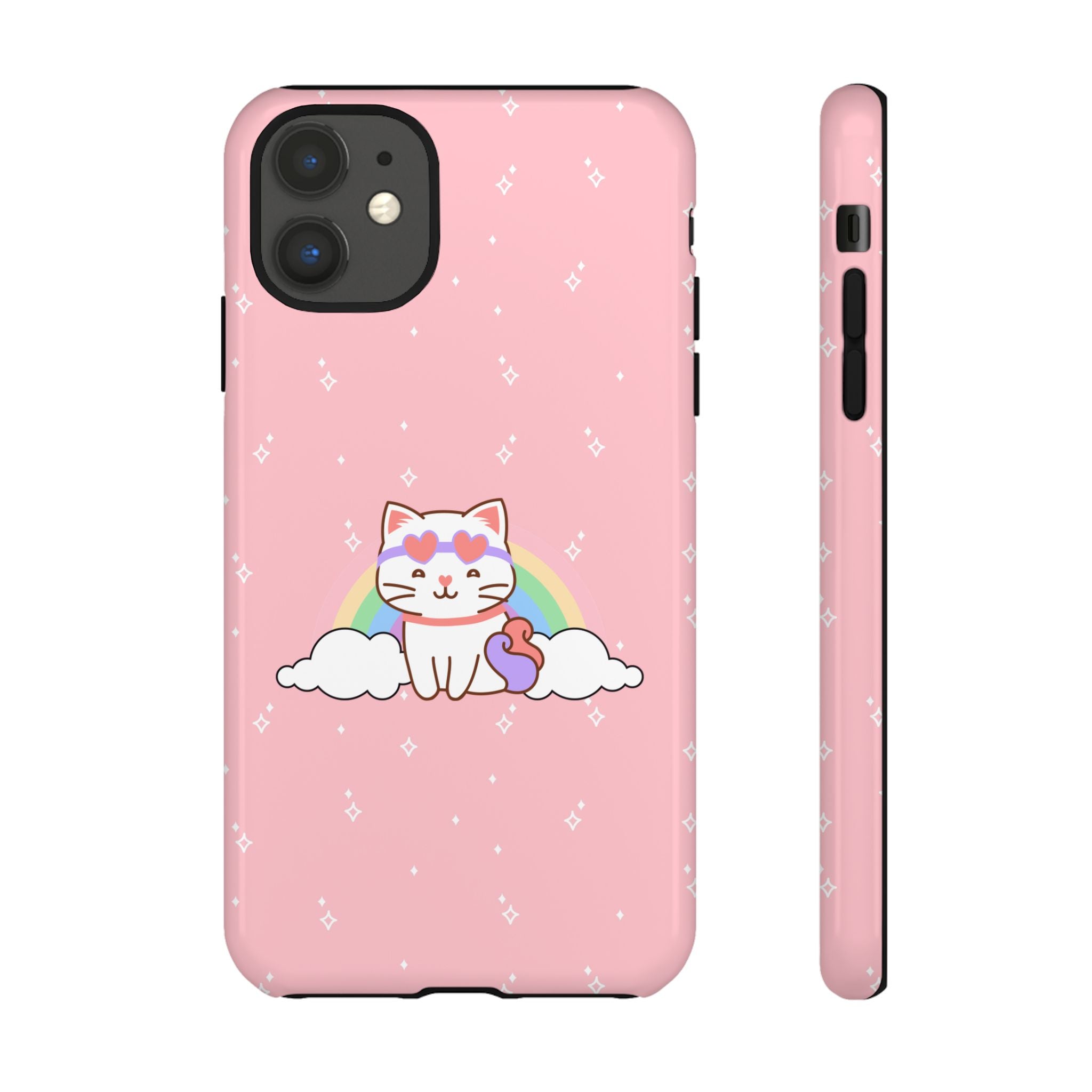Kawaii Cat Rainbow Tough Cases, Cute Kitty Phone Cover, Protective Phone Case, Adorable Cat Lover Gift, Fun Rainbow Cat Phone Accessories