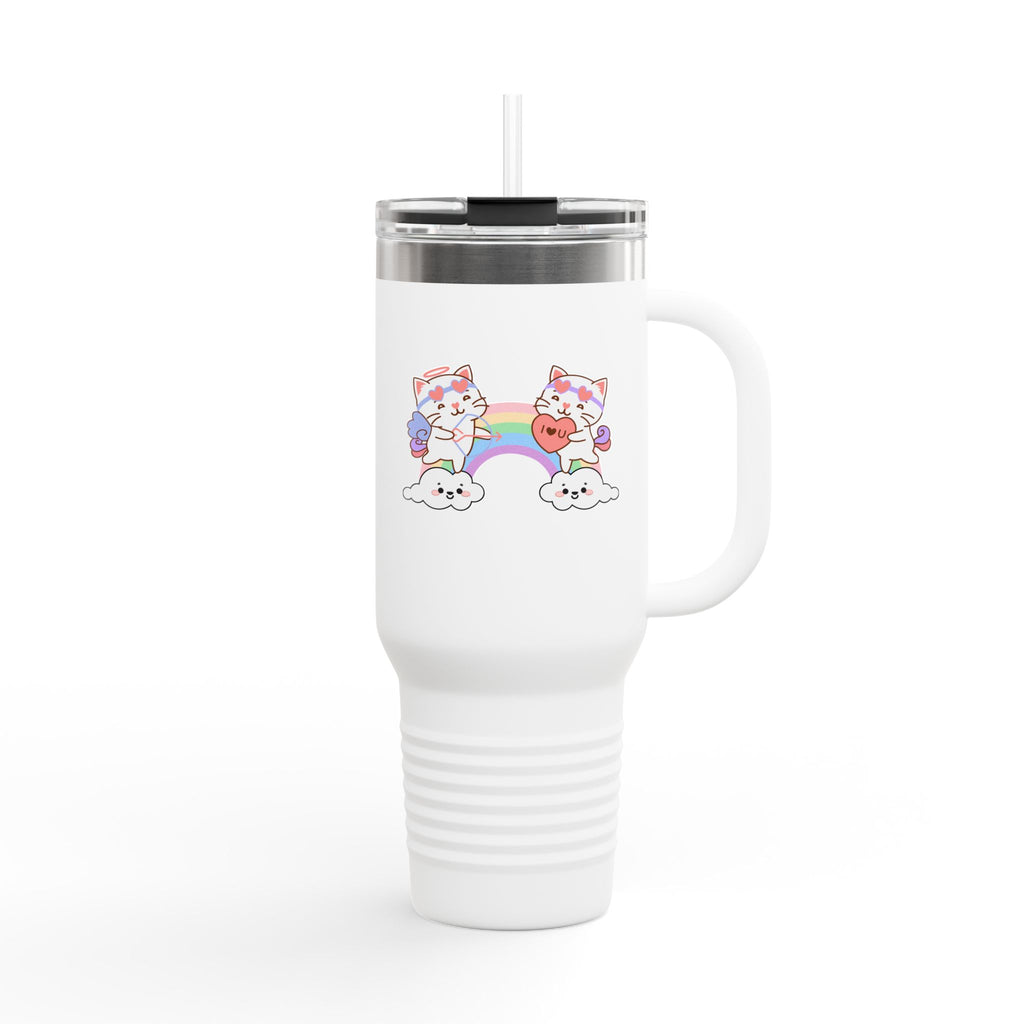 Cupido Cat Rainbow Heart Love Insulated Travel Mug, 40oz - Cute Kitty Space Cup, Valentine's Gift, Coffee Tea Tumbler, Cat Lover Present