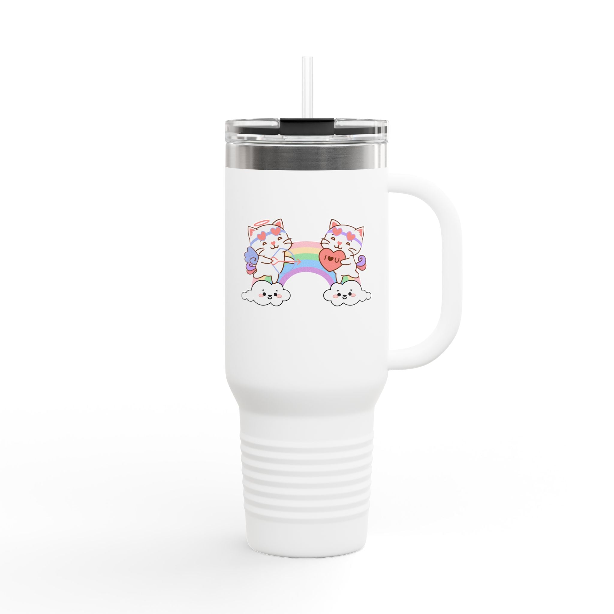 Cupido Cat Rainbow Heart Love Insulated Travel Mug, 40oz - Cute Kitty Space Cup, Valentine's Gift, Coffee Tea Tumbler, Cat Lover Present