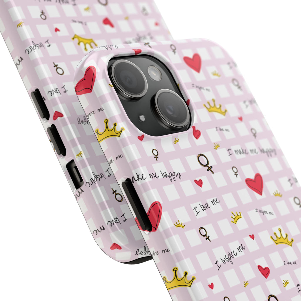 Cozy Hearts & Crowns Phone Case, Heart Design Protective Phone Cover, Crown Pattern Tough Case, Girly Phone Accessories, Valentine's Day