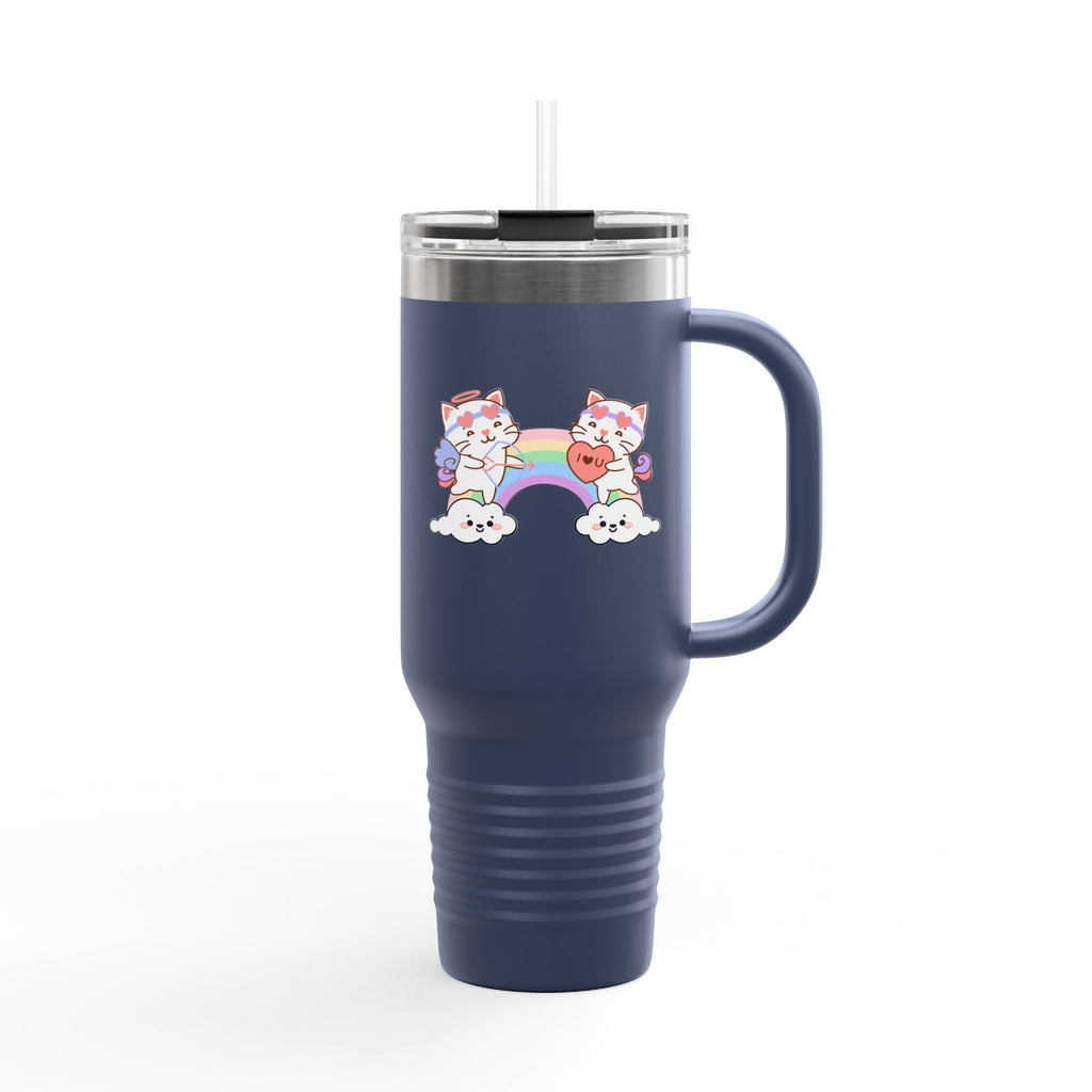 Cupido Cat Rainbow Heart Love Insulated Travel Mug, 40oz - Cute Kitty Space Cup, Valentine's Gift, Coffee Tea Tumbler, Cat Lover Present