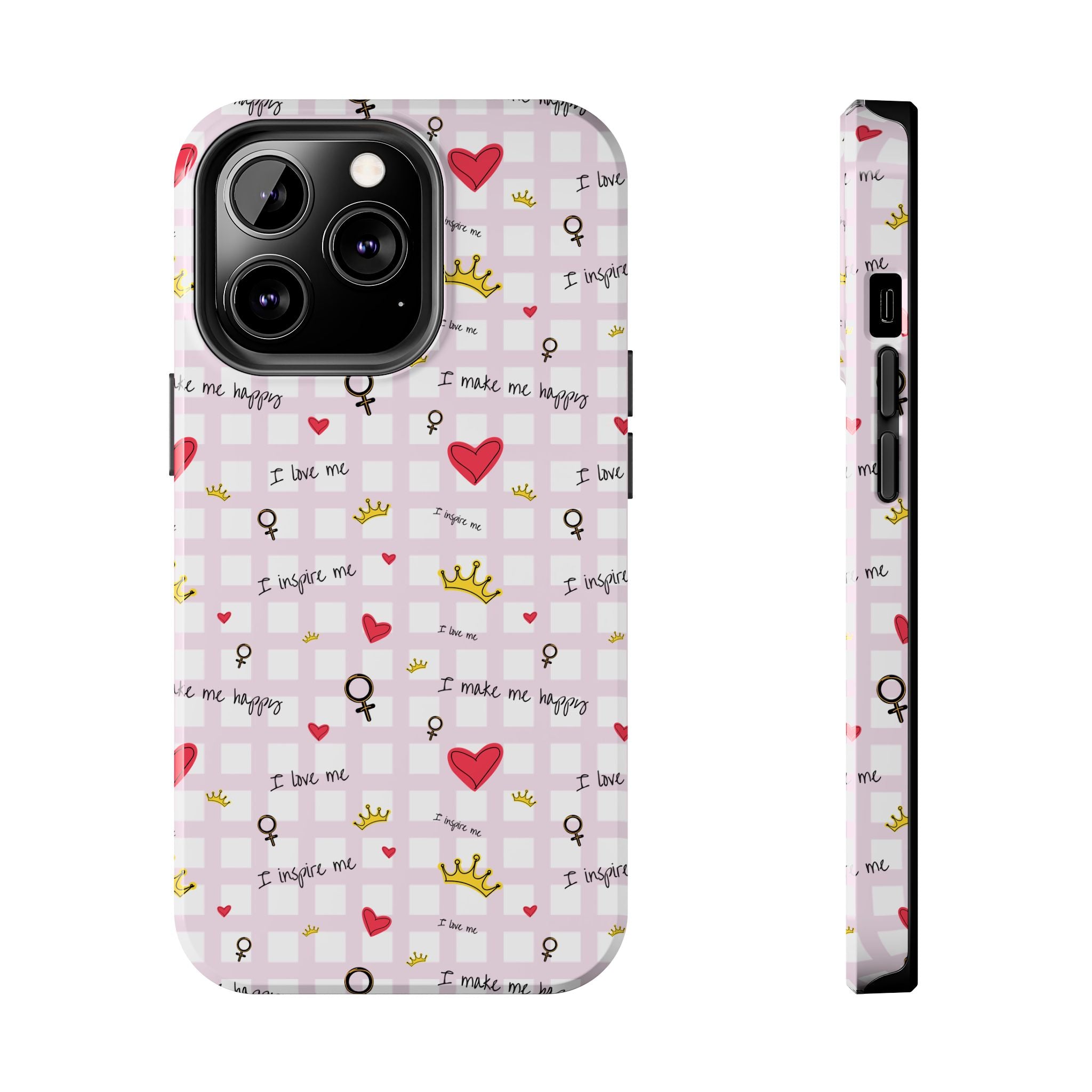 Cozy Hearts & Crowns Phone Case, Heart Design Protective Phone Cover, Crown Pattern Tough Case, Girly Phone Accessories, Valentine's Day