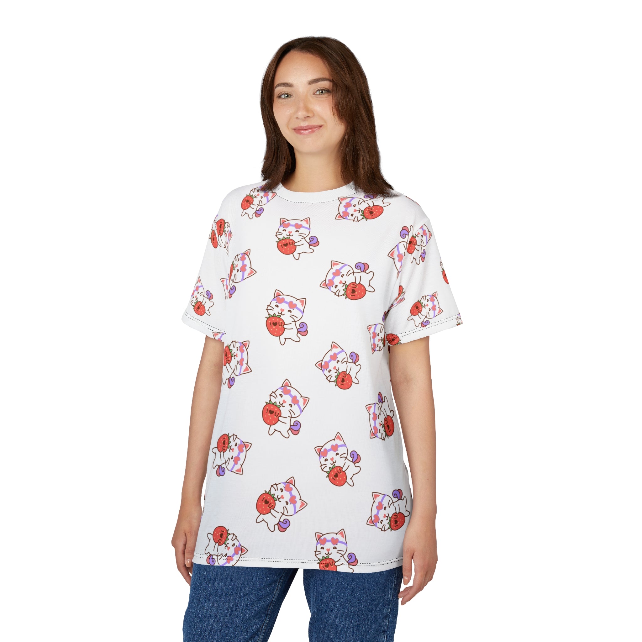 Cute Cat with Strawberry I Love you T-Shirt, Funny Cat Lover Tee, Graphic Cat Shirt, Kawaii Kitty Top, Cat and Fruit Design