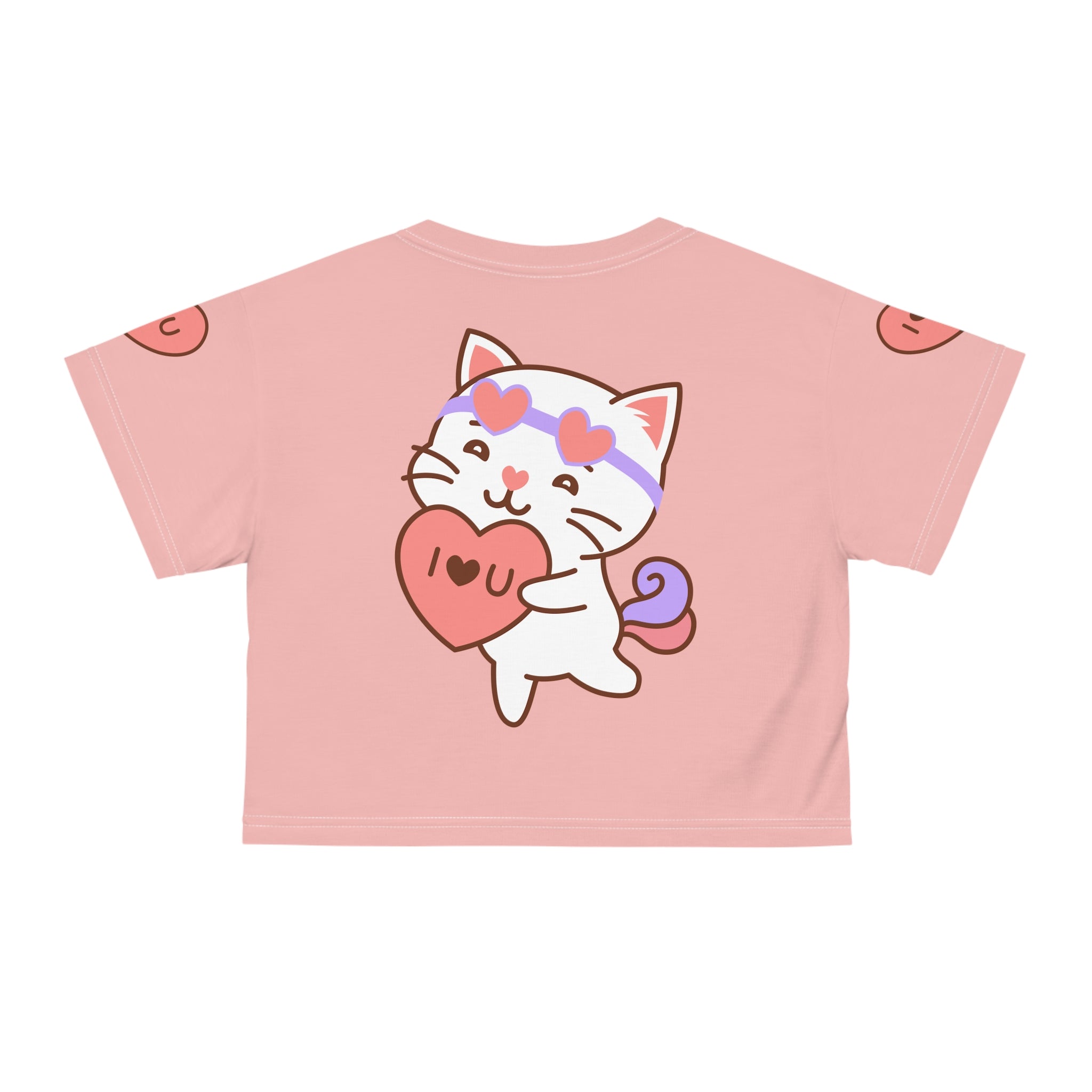 Kawaii Cat with Heart Crop Tee, Cute Kitty Graphic Tee, Pet Lover Gift Top, Short Sleeve Shirt, Animal Print Clothing, Women's Casual Wear