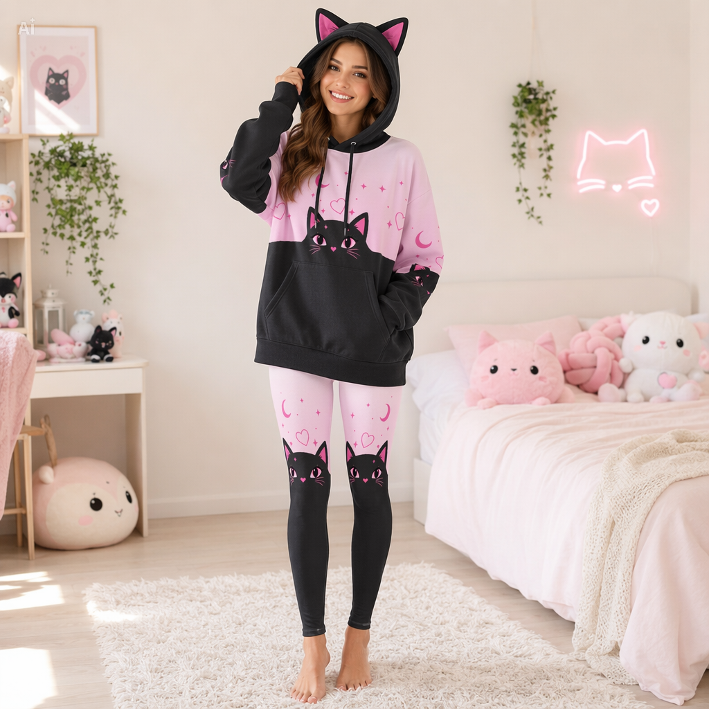 Pastel Pink Black Cat Leggings