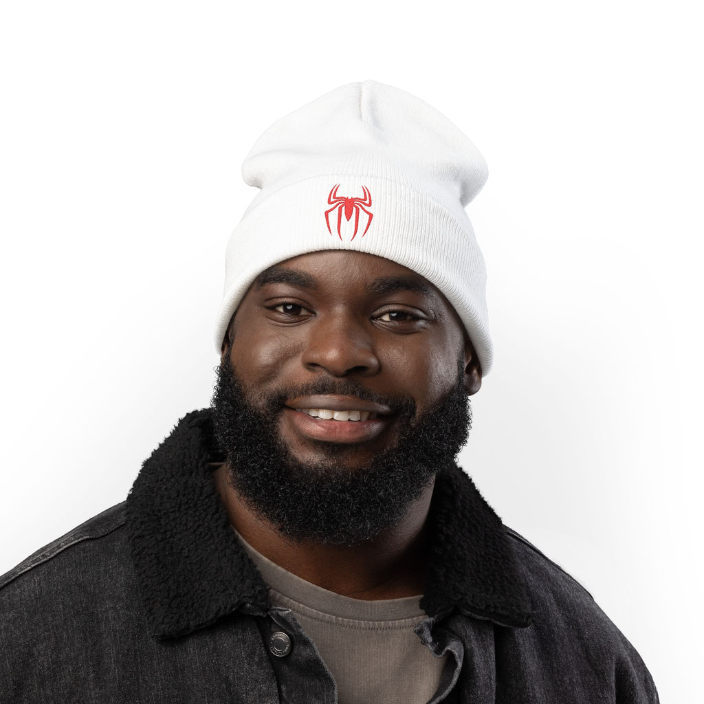 Embroidered Black Spider Knit Beanie — Halloween Spider Hat