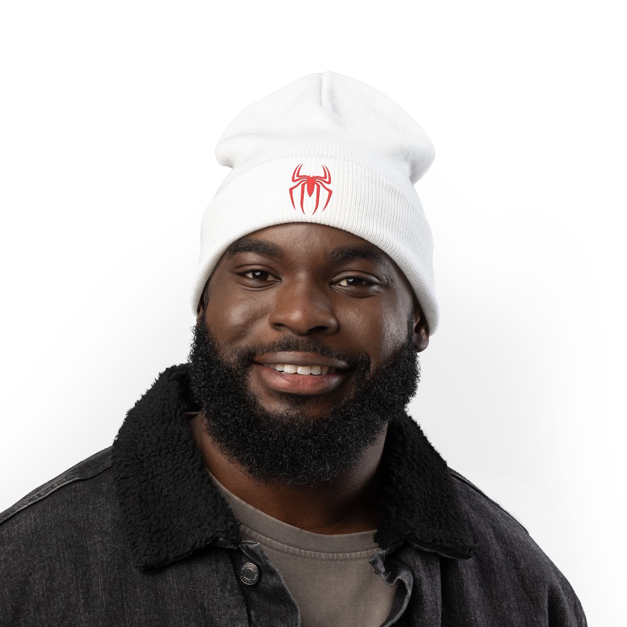 Embroidered Black Spider Knit Beanie — Halloween Spider Hat