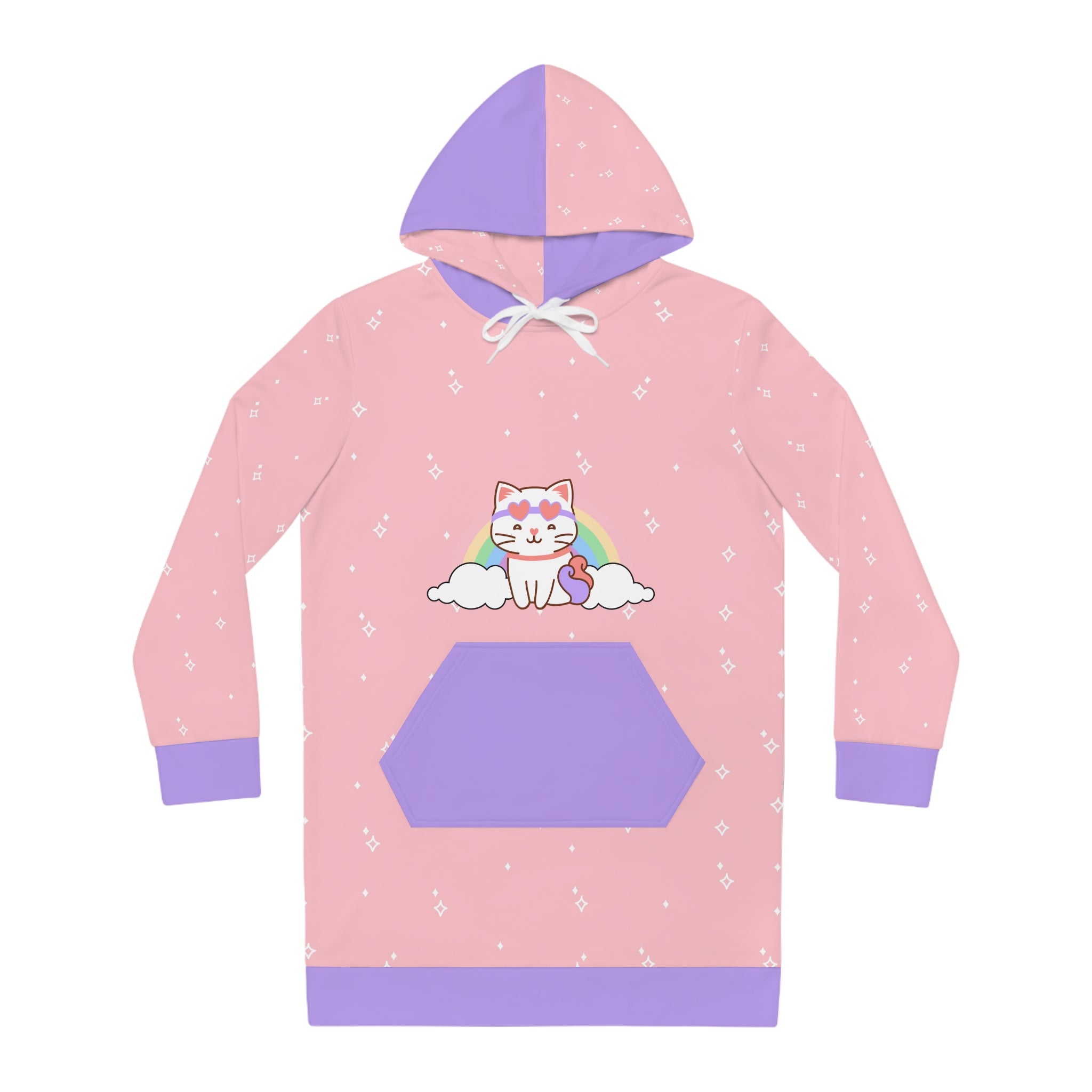 Kawaii Cat Women's Hoodie Dress with Heart Glasses and Rainbow, Cute Hooded Tunic Sweatshirt, Cat Lover Gift, Rainbow Kitty Dress, Heart