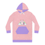 Kawaii Cat Women's Hoodie Dress with Heart Glasses and Rainbow, Cute Hooded Tunic Sweatshirt, Cat Lover Gift, Rainbow Kitty Dress, Heart