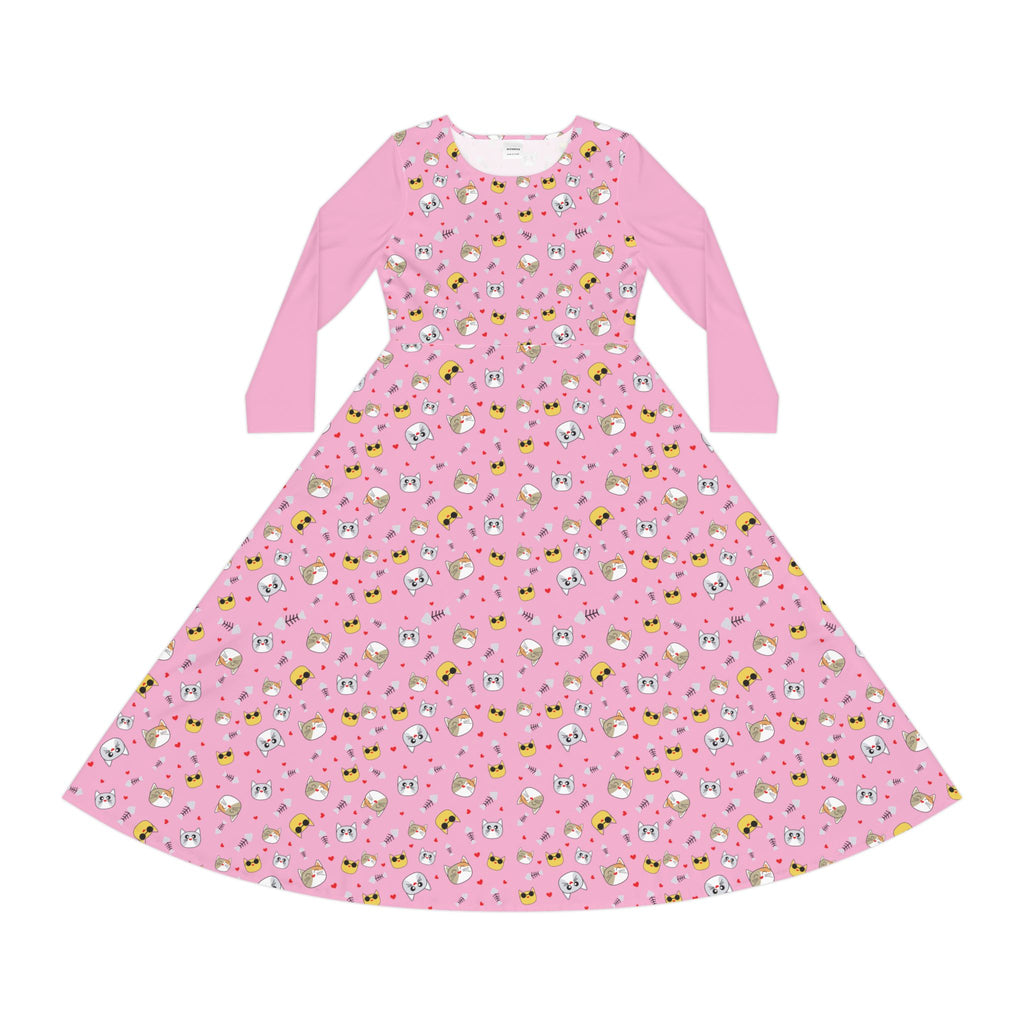 Cool Cats Pattern Pink Women's Long Sleeve Dress