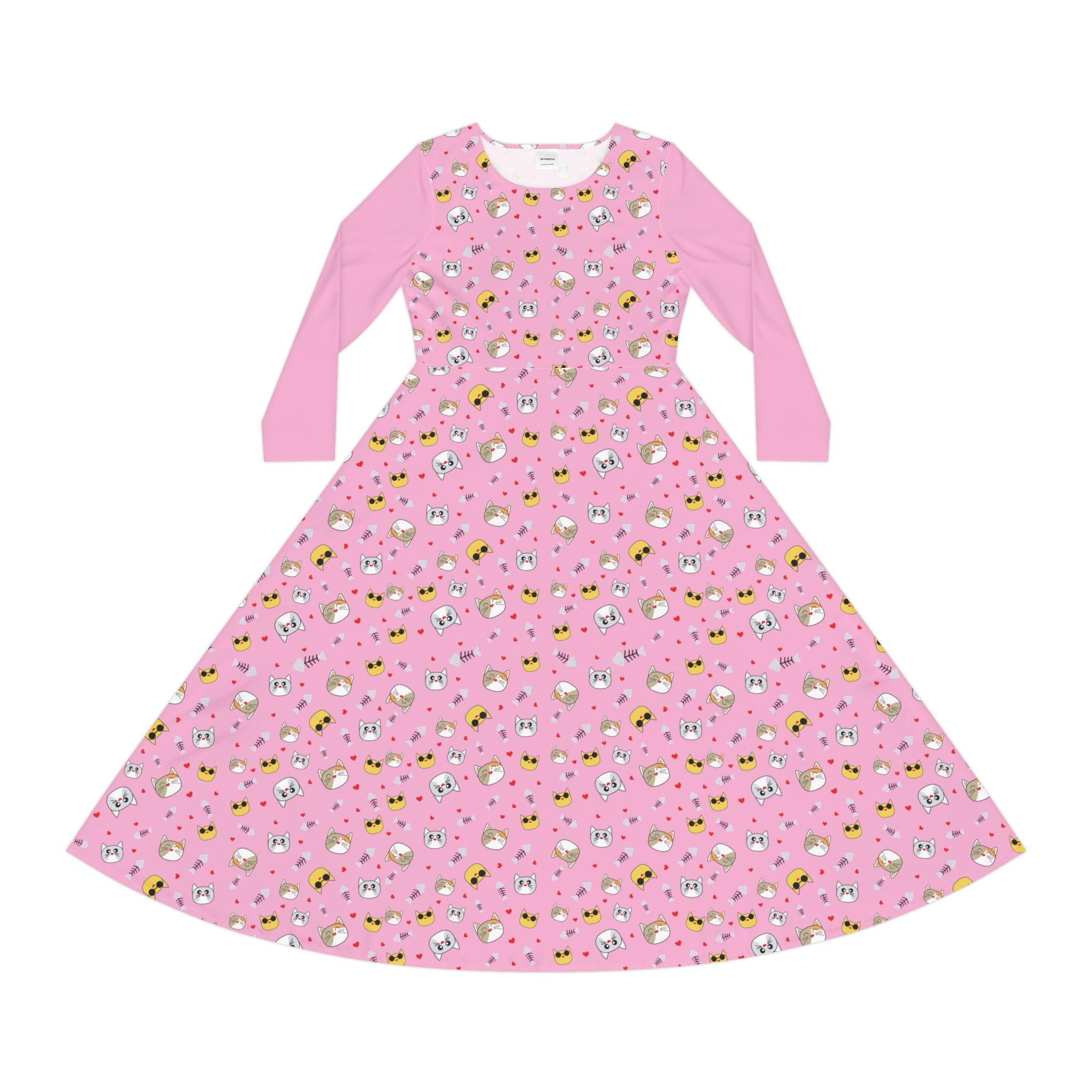 Cool Cats Pattern Pink Women's Long Sleeve Dress