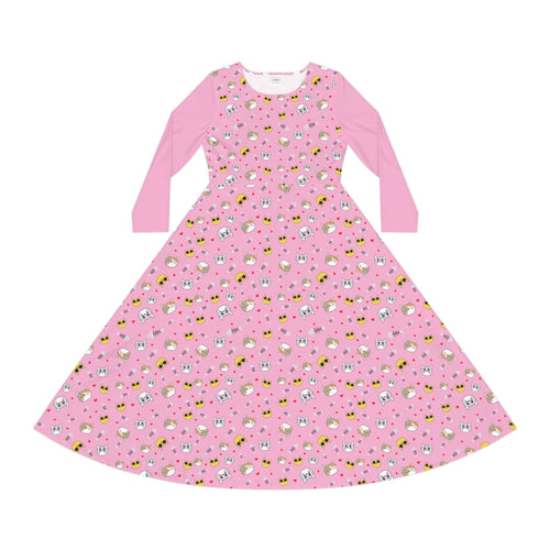 Cool Cats Pattern Pink Women's Long Sleeve Dress