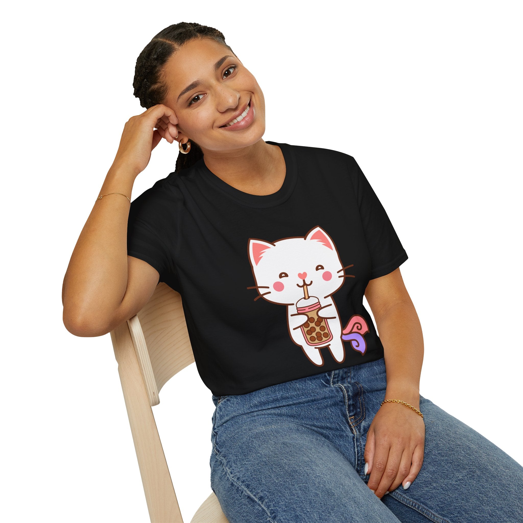Cat Boba Tea Bubble Tea Anime Kawaii Neko Softstyle T-Shirt, Cute Japanese Kitty Drink Tee, Fun Cartoon Cat Lover Shirt, Trendy