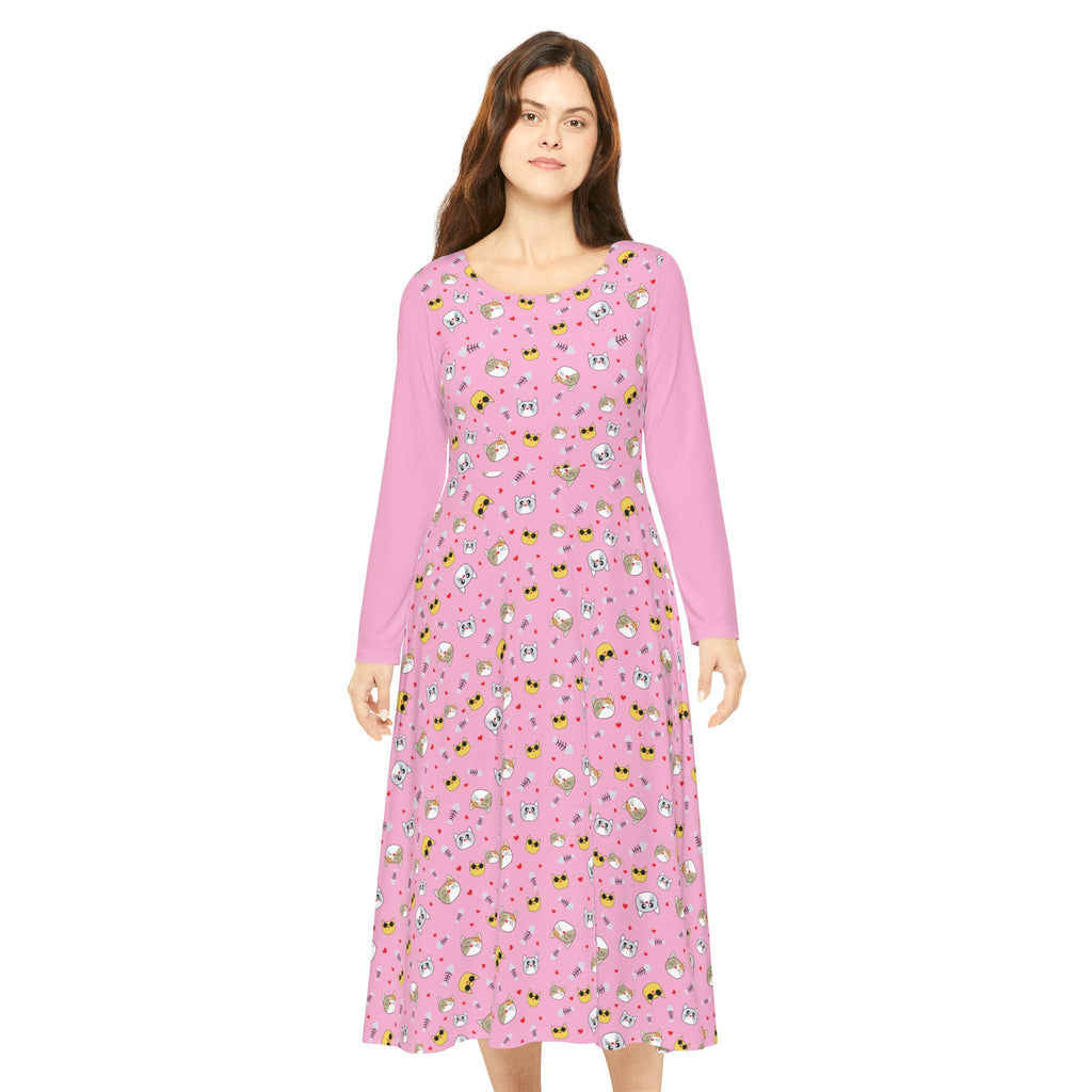 Cool Cats Pattern Pink Women's Long Sleeve Dress