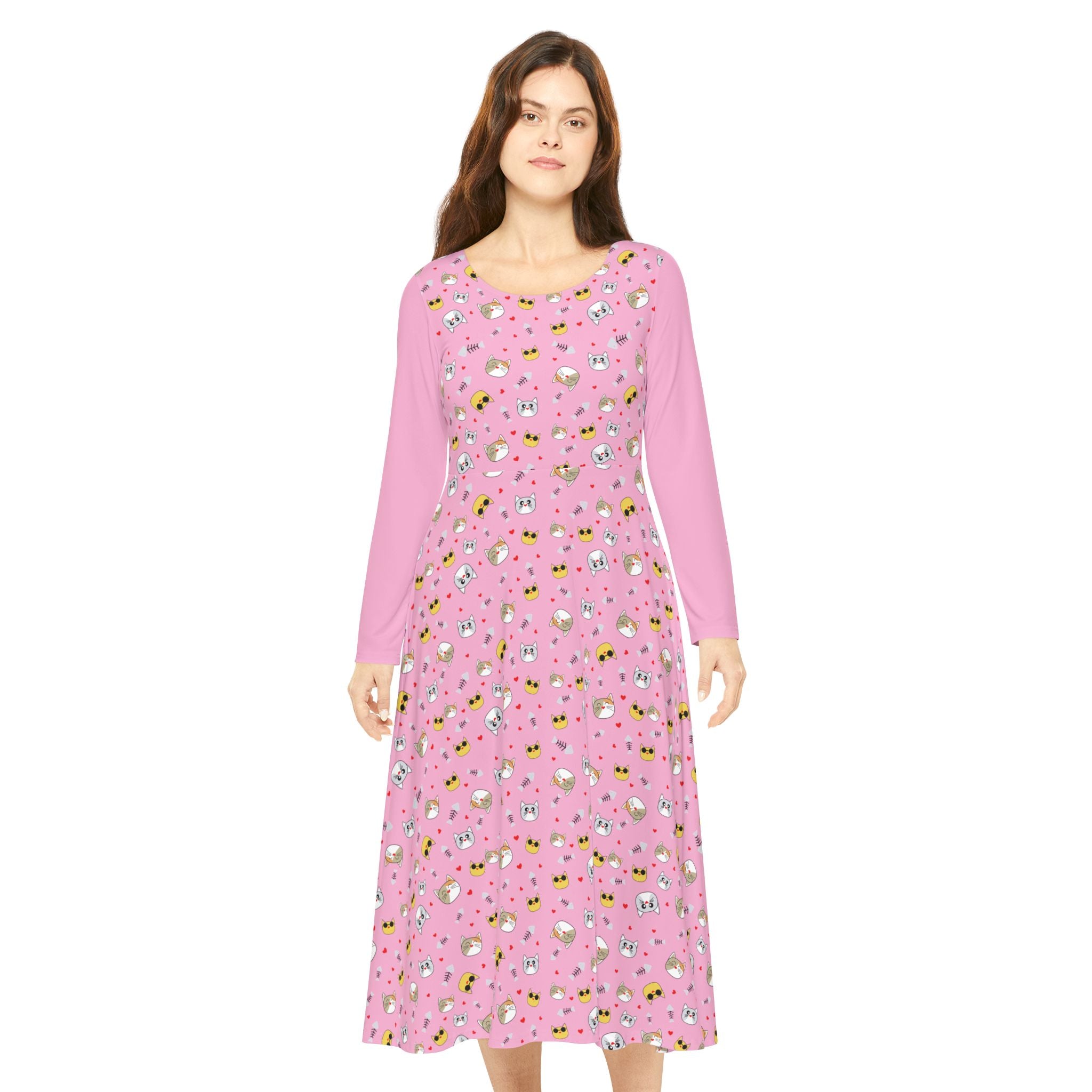 Cool Cats Pattern Pink Women's Long Sleeve Dress