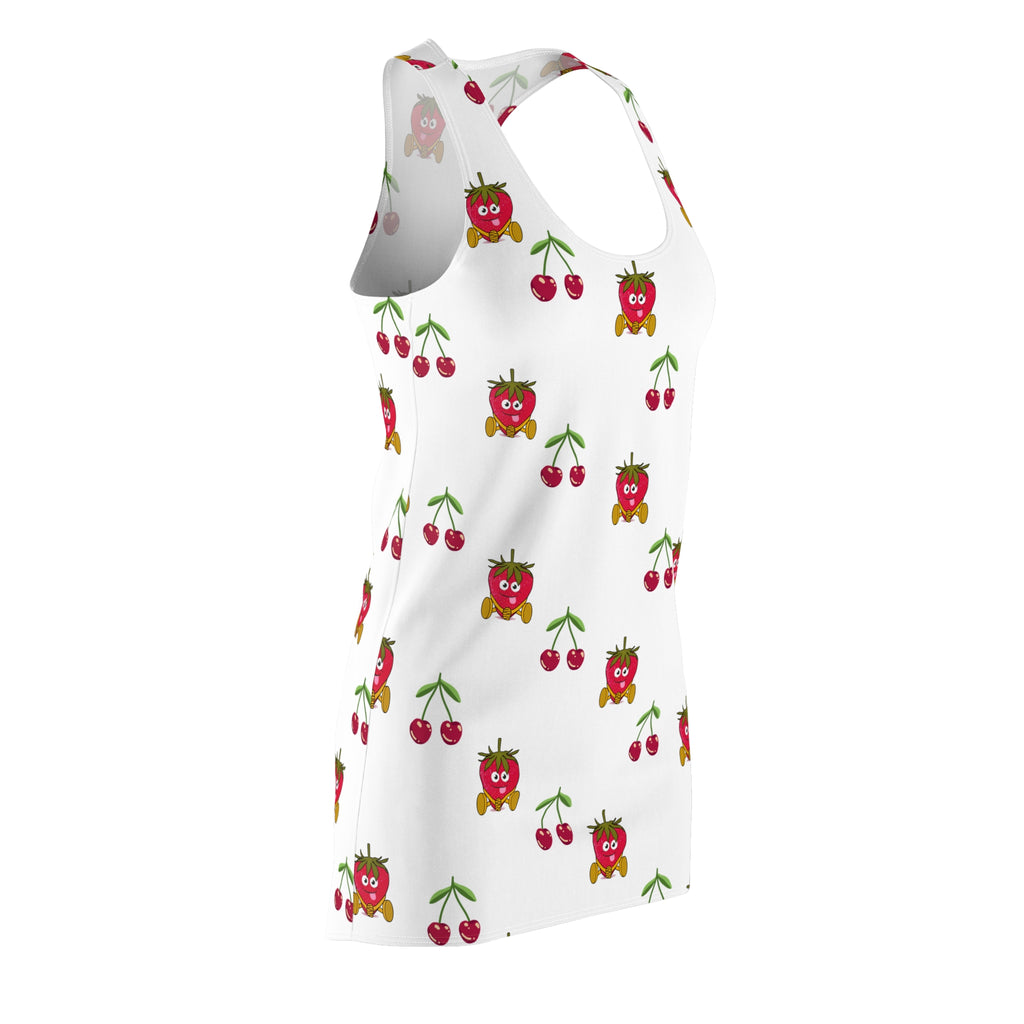 Fruit Print Dress, Summer Racerback Dress, Strawberry Cherry Sleeveless Dress, Women's Garden Party Outfit, Floral Summer Dress