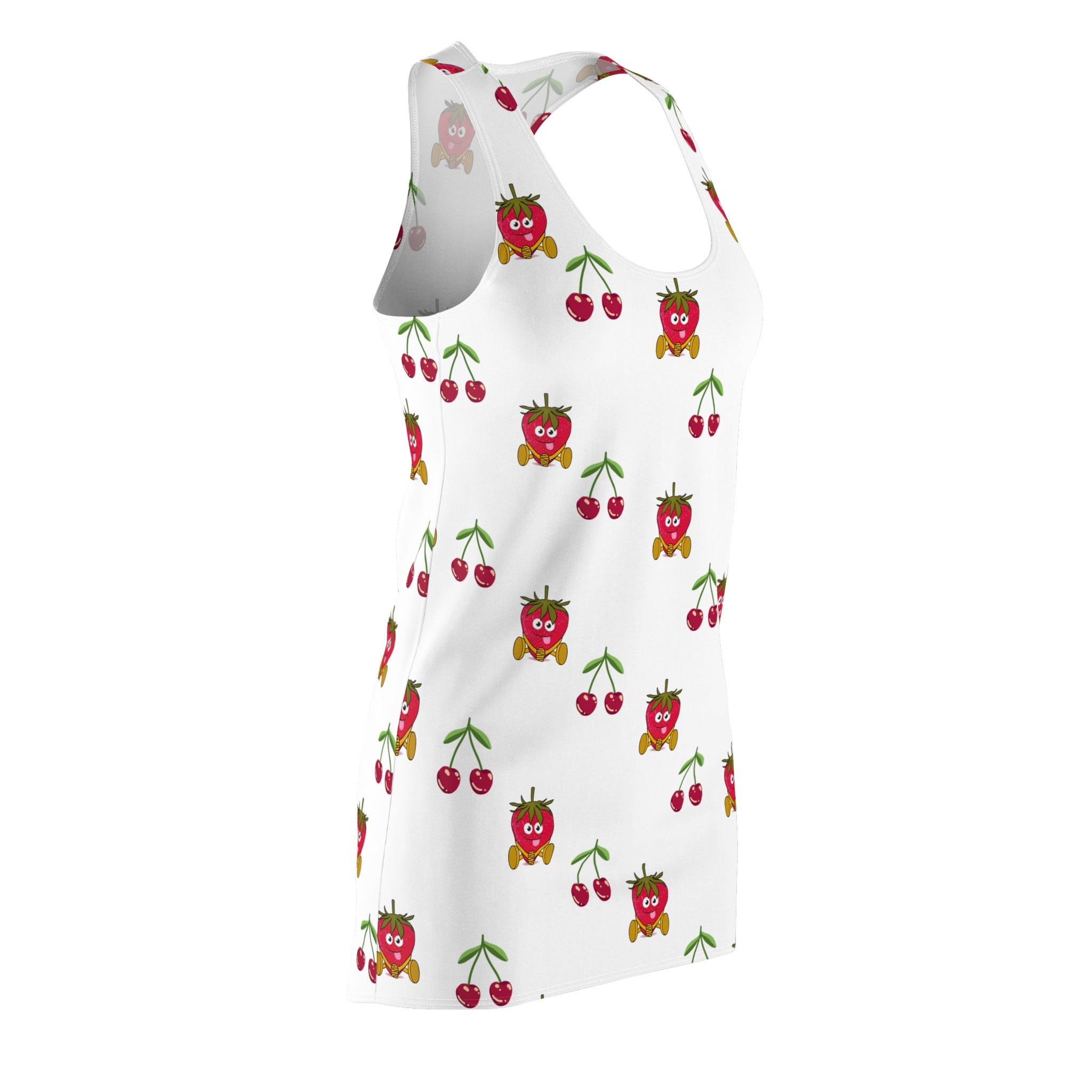 Fruit Print Dress, Summer Racerback Dress, Strawberry Cherry Sleeveless Dress, Women's Garden Party Outfit, Floral Summer Dress